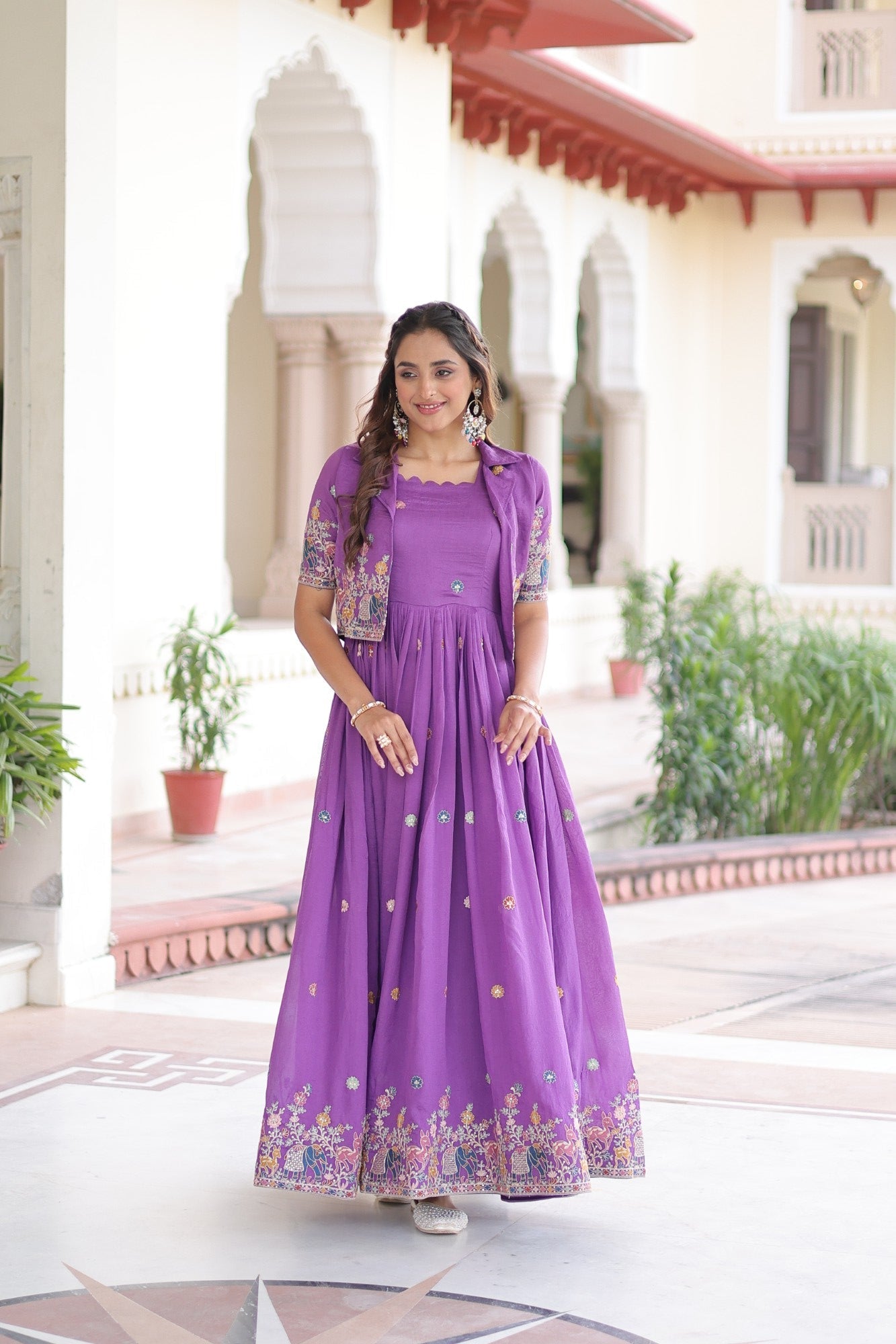 Purple Vichitra Silk Gown with Sequins Zari and Thread Embroidery
