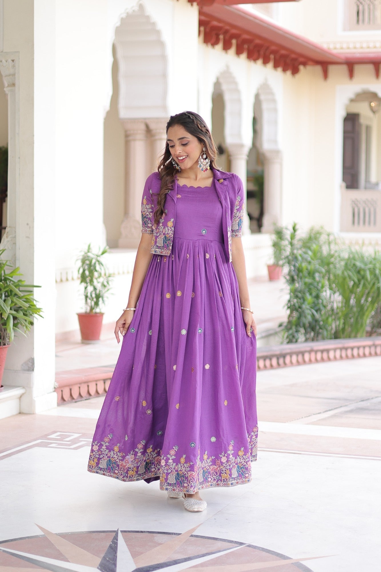 Purple Vichitra Silk Gown with Sequins Zari and Thread Embroidery