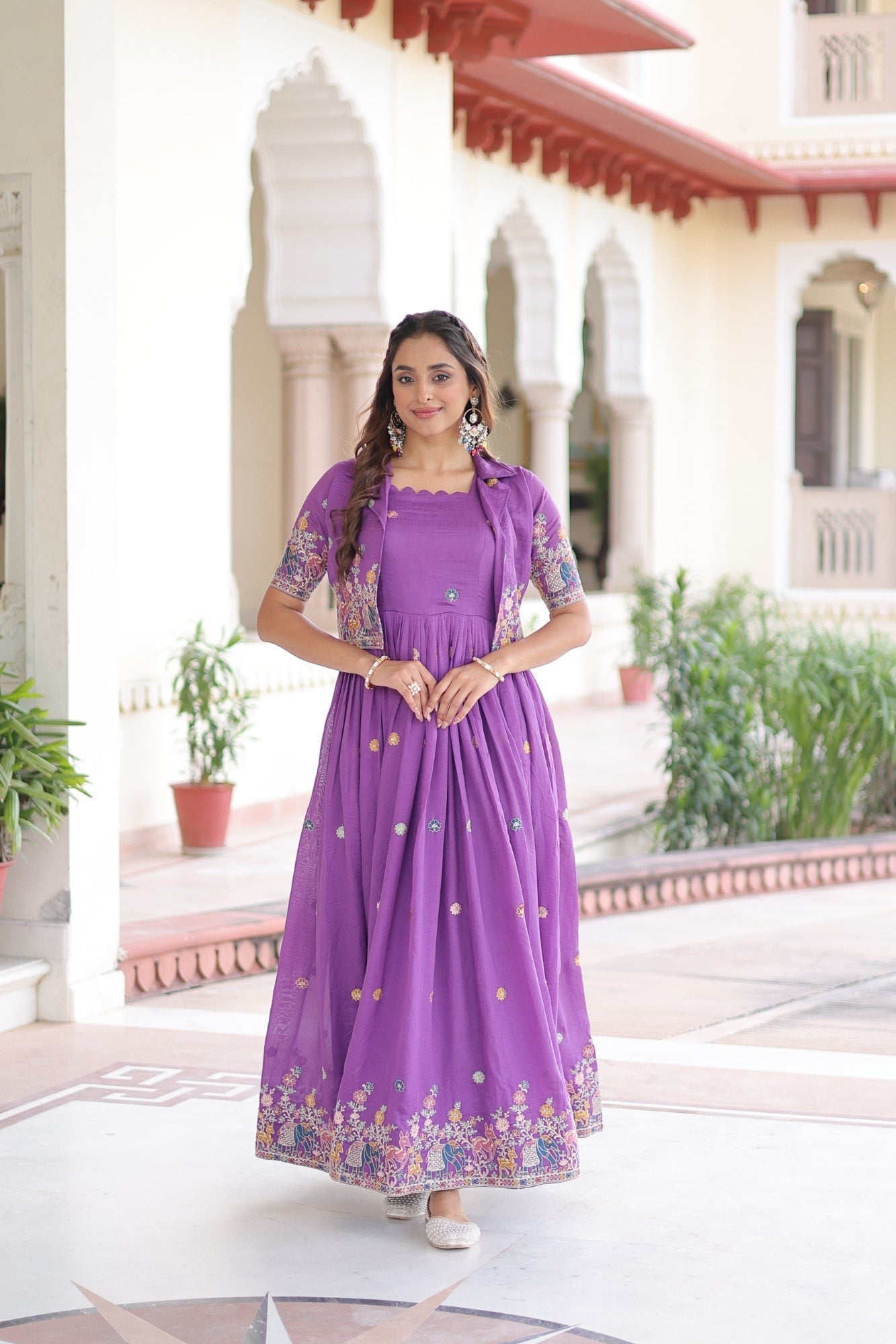 Purple Vichitra Silk Gown with Sequins Zari and Thread Embroidery