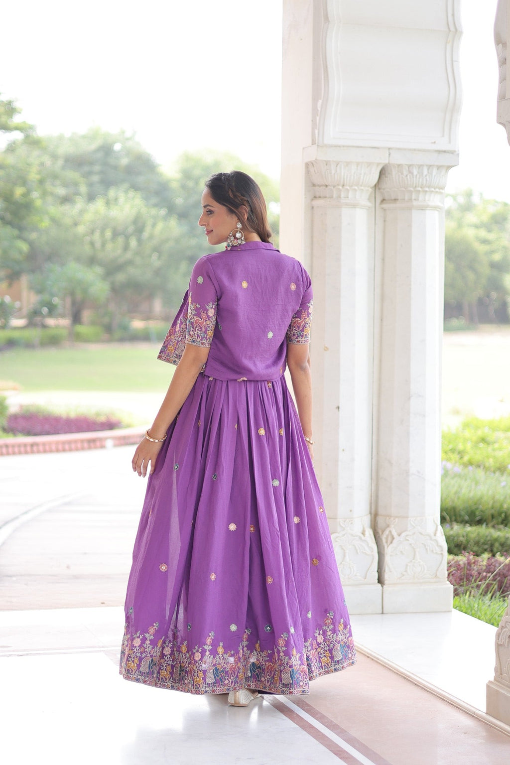 Lorenvalley Fashion Purple Vichitra Silk with Sequins, Zari & Thread Embroidered work Gown with Koti