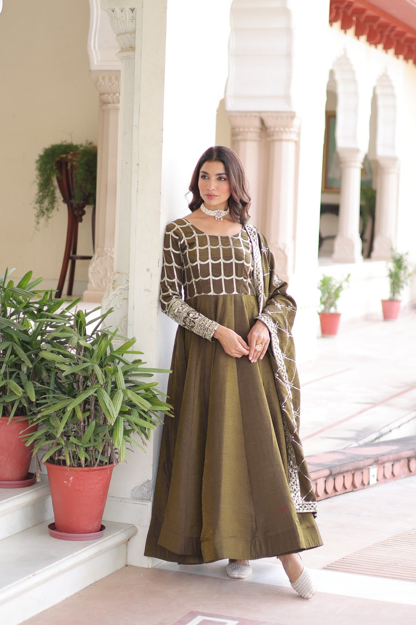 Mehendi Vichitra Silk Anarkali Gown with Sequins and Zari Work