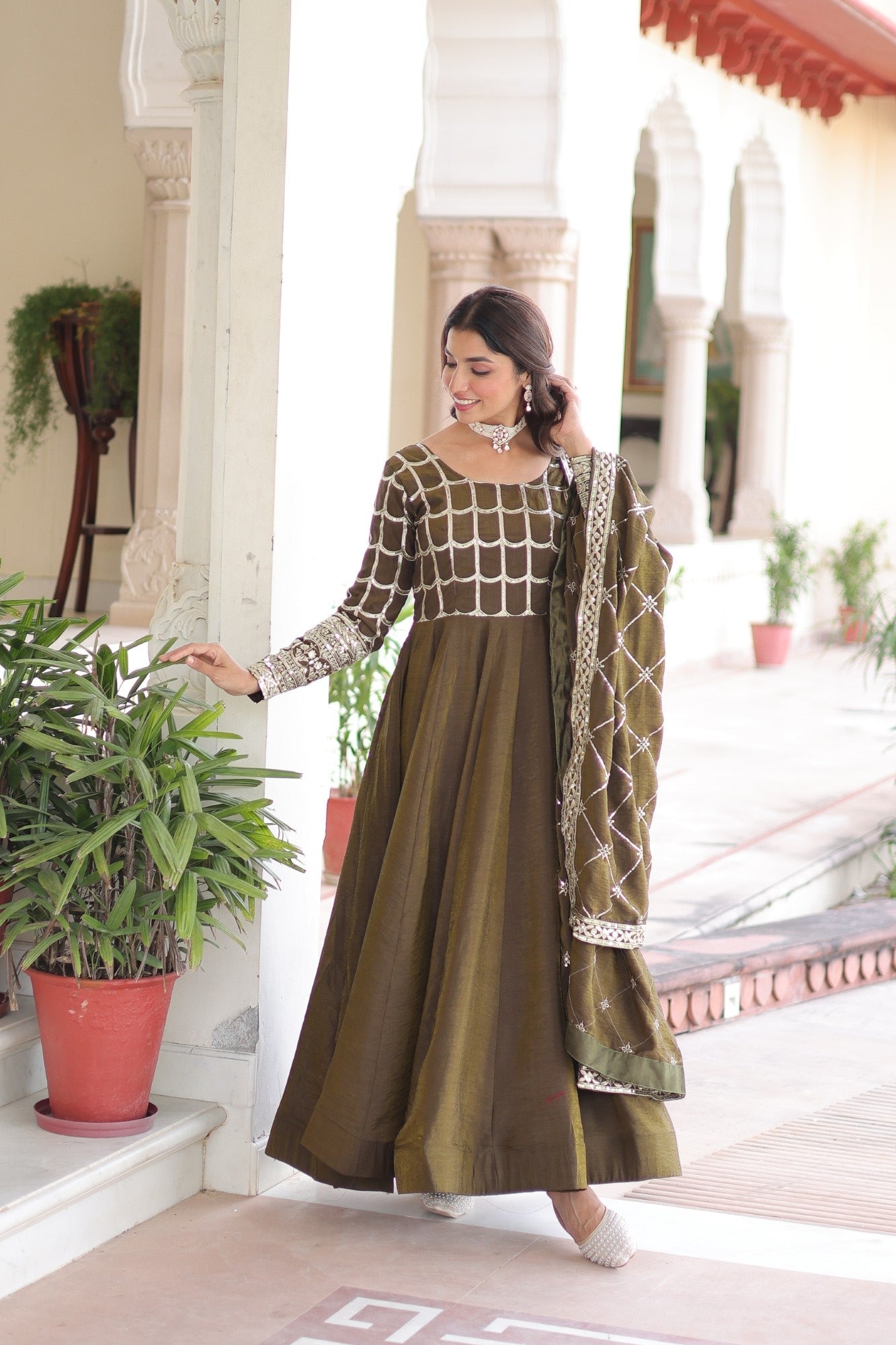 Mehendi Vichitra Silk Anarkali Gown with Sequins and Zari Work