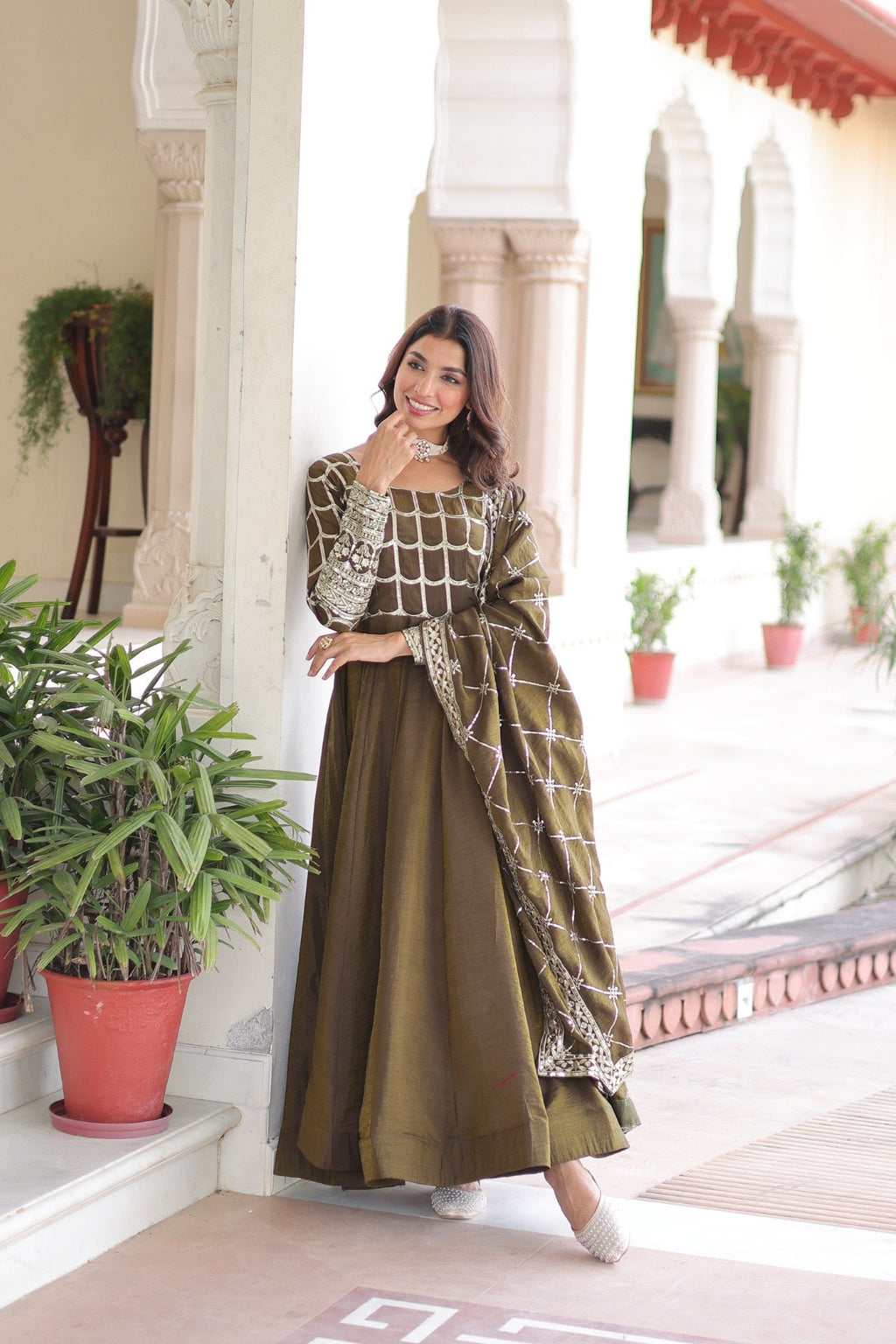 Mehendi Vichitra Silk Anarkali Gown with Rich Embroidery & Dupatta