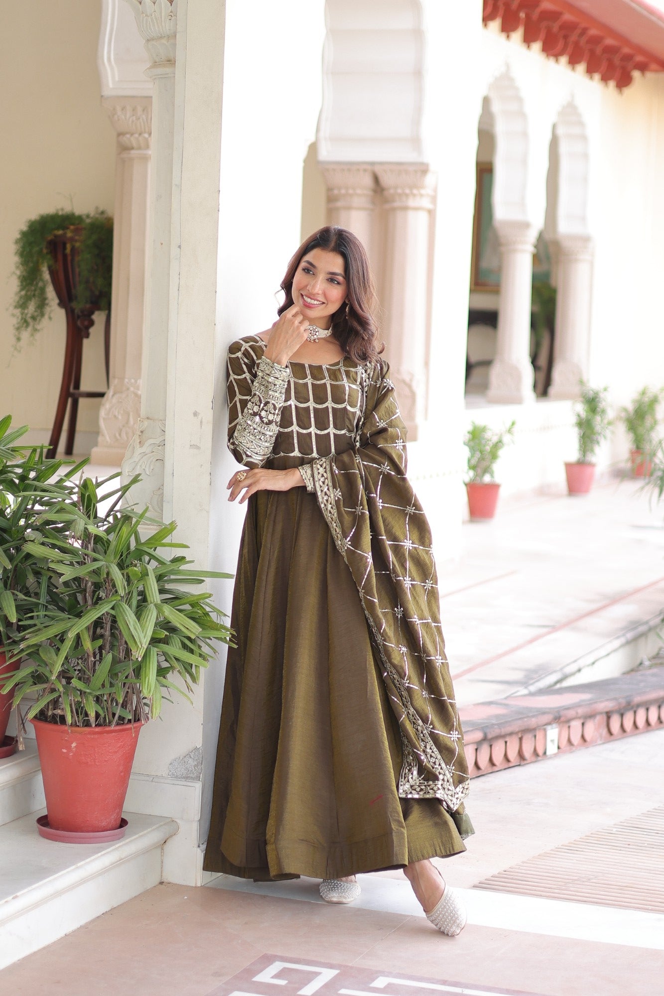 Mehendi Vichitra Silk Anarkali Gown with Rich Embroidery & Dupatta