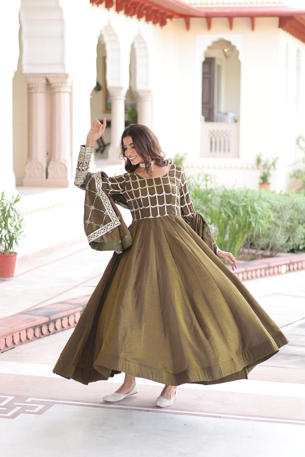 Mehendi Vichitra Silk Anarkali Gown with Rich Embroidery & Dupatta
