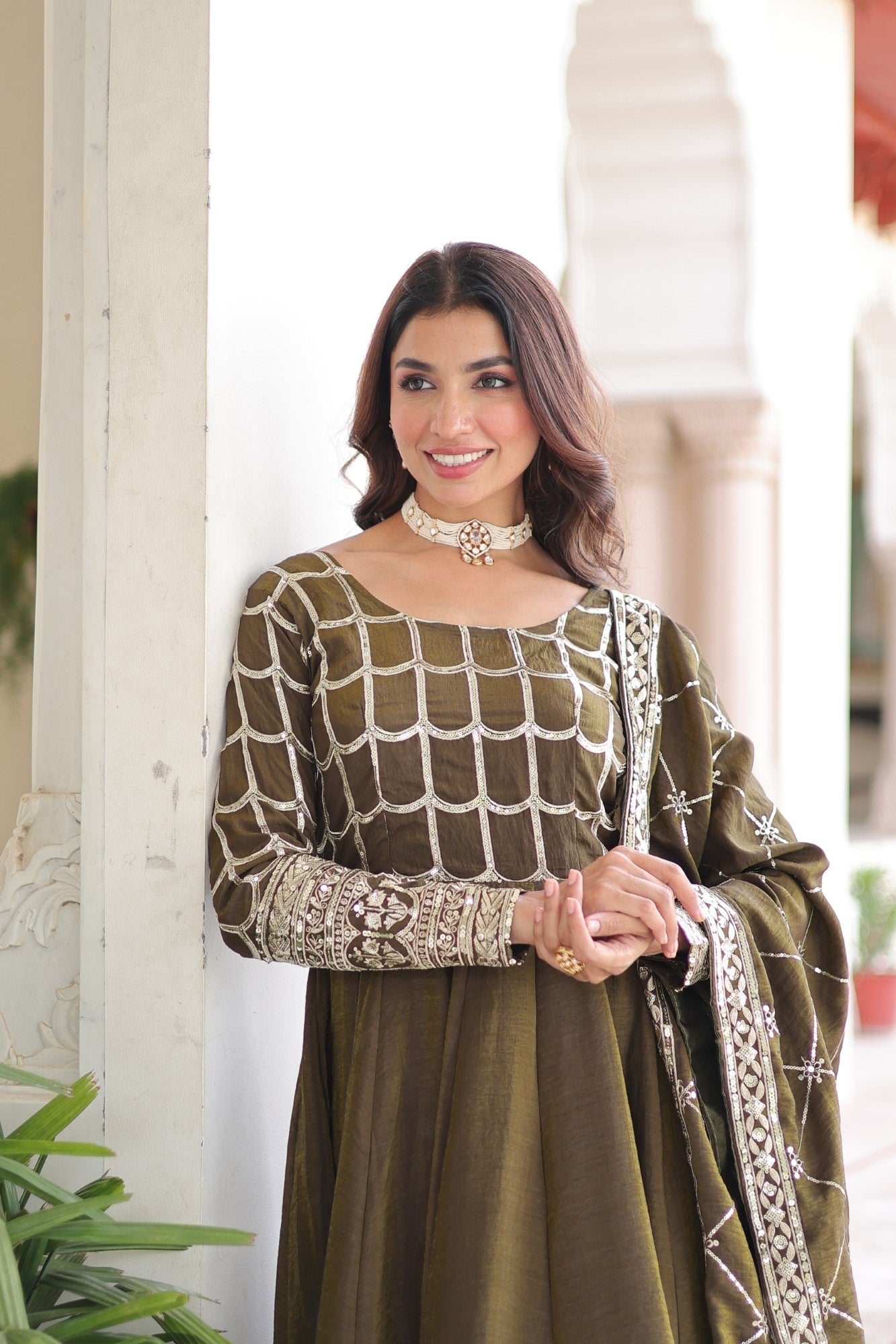 Mehendi Vichitra Silk Anarkali Gown with Rich Embroidery & Dupatta