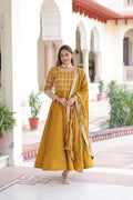 Mustard Vichitra Silk Anarkali Gown with rich gold zari and sequin embroidery