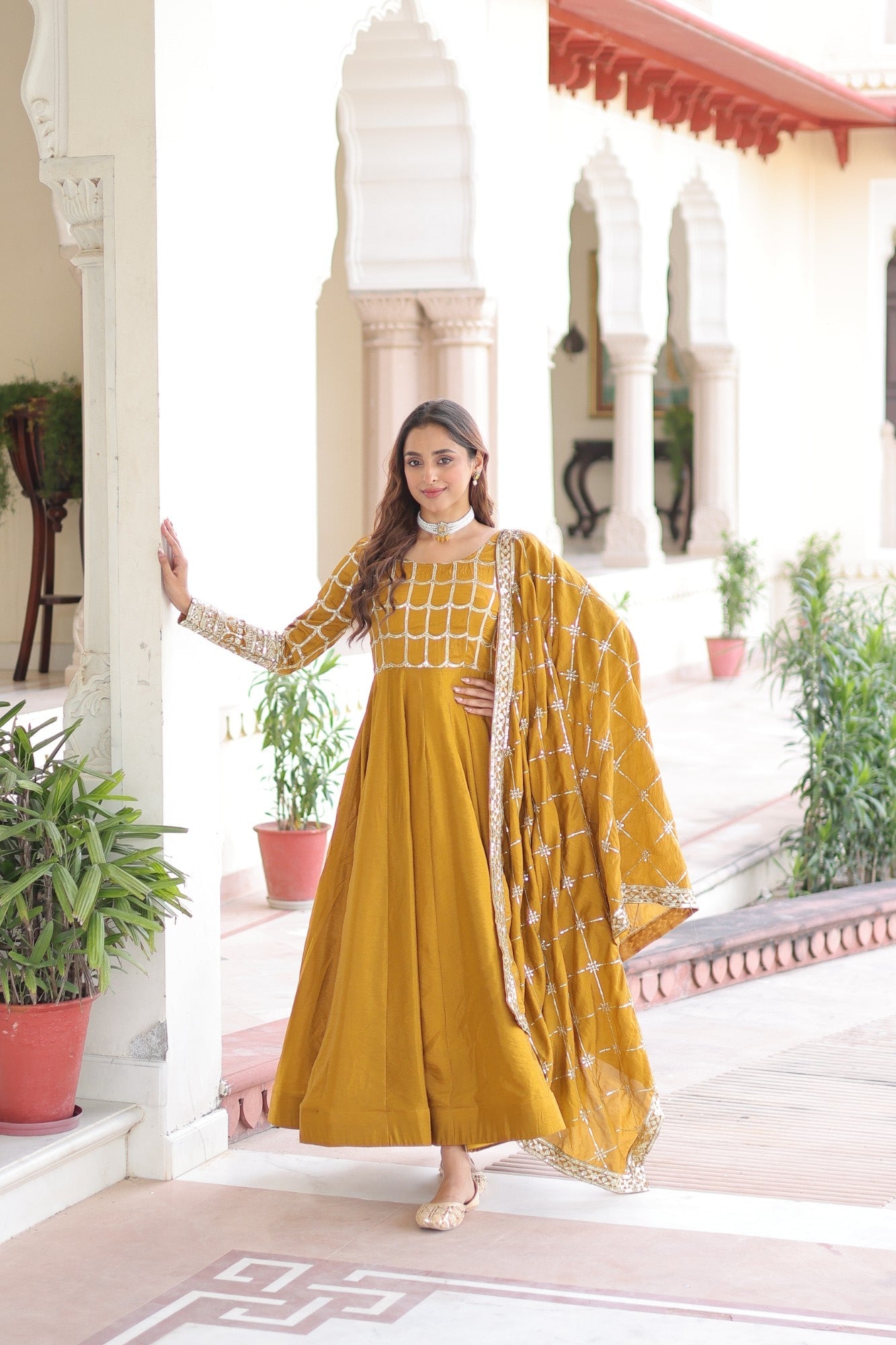 Mustard Vichitra Silk Anarkali Gown with Sequins and Zari Work