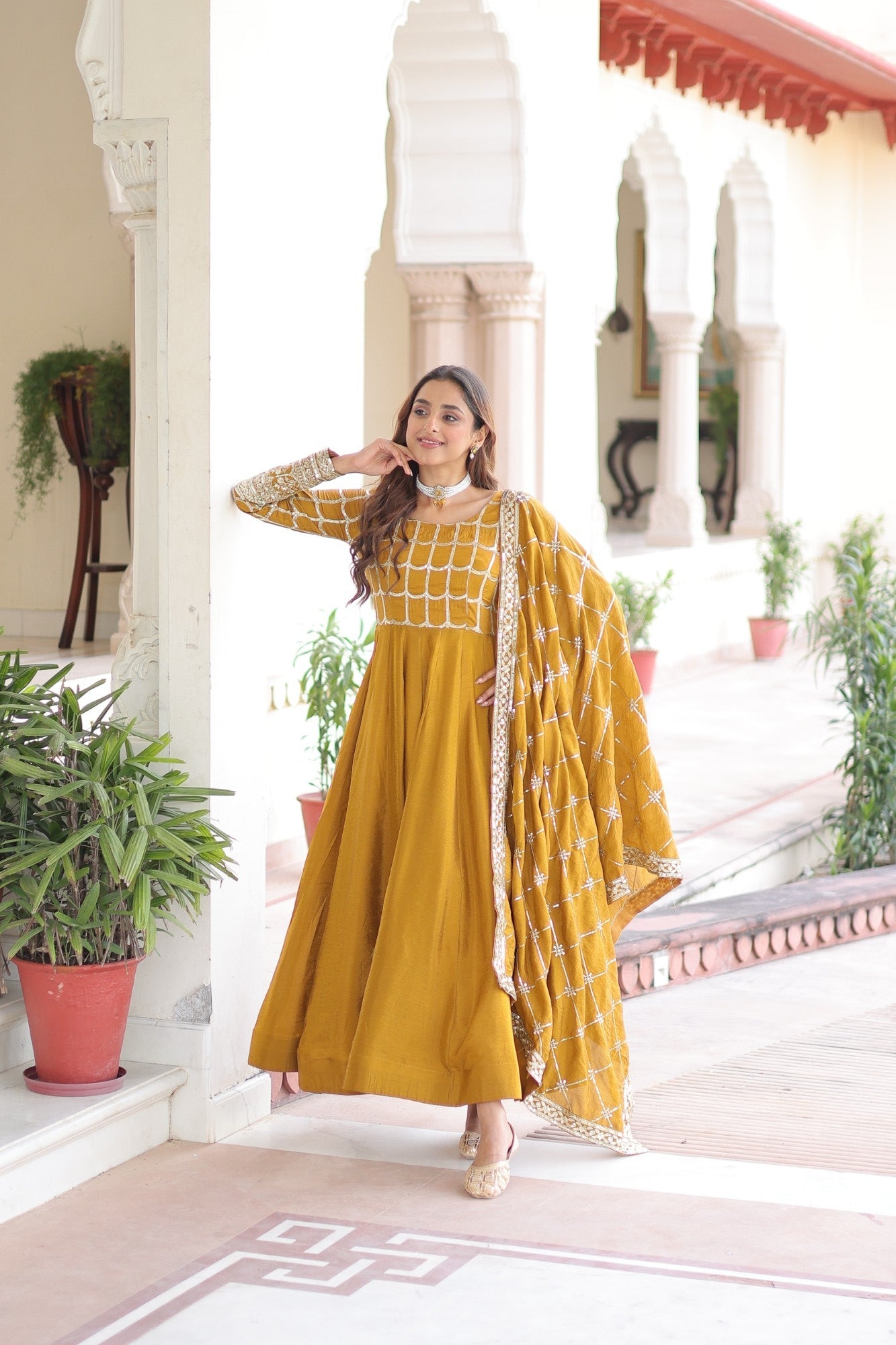 Mustard Vichitra Silk Anarkali Gown with Sequins and Zari Work