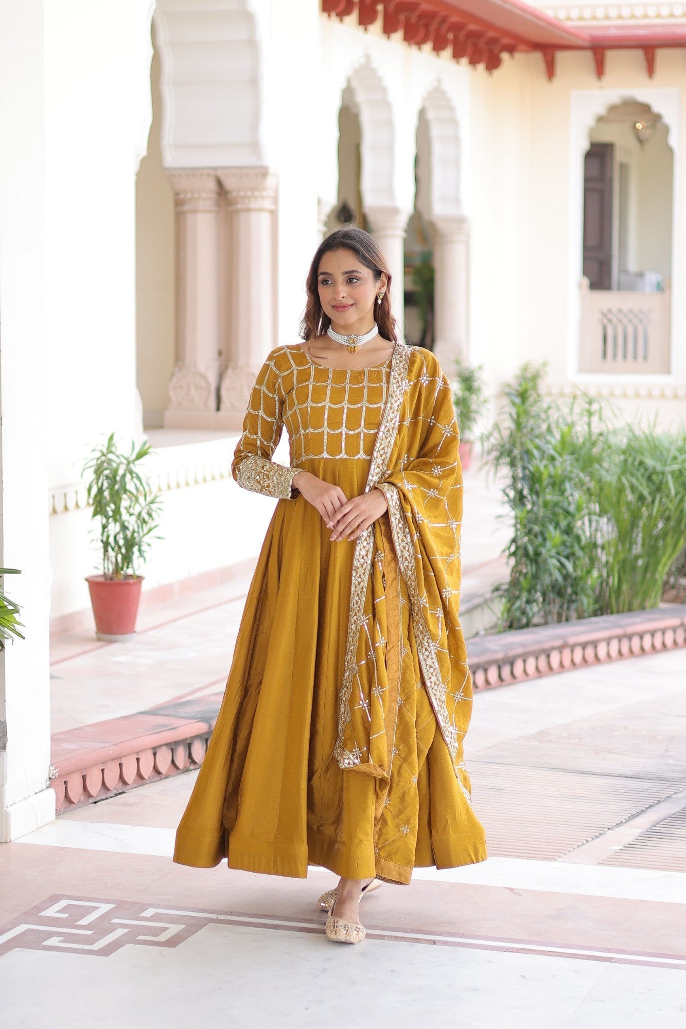 Mustard Vichitra Silk Anarkali Gown with Sequins and Zari Work