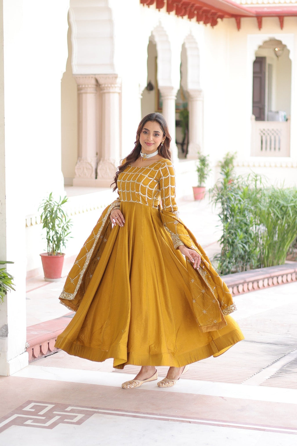 Mustard Vichitra Silk Anarkali Gown with Sequins & Zari Work