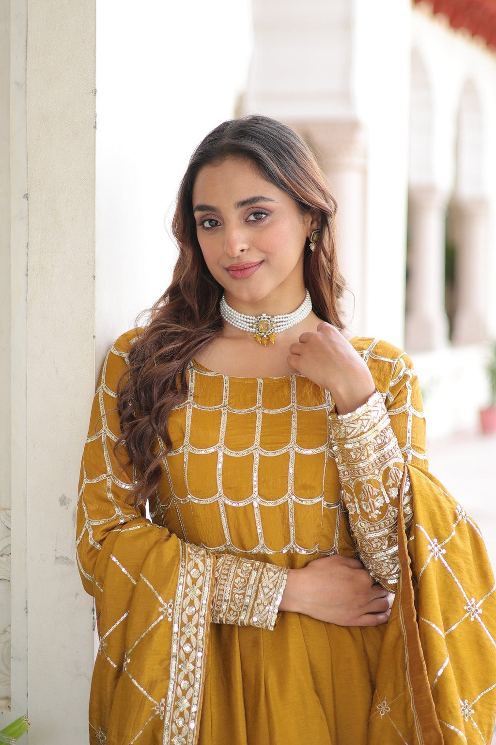 Mustard Vichitra Silk Anarkali Gown with Sequins & Zari Work