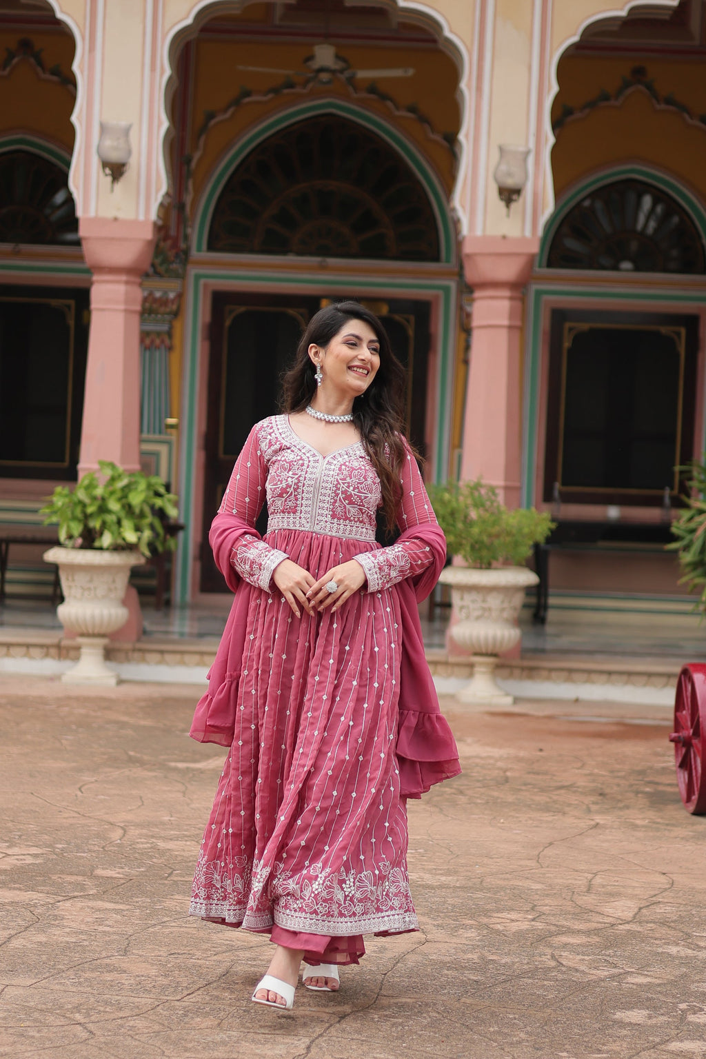 Peach Faux Georgette Kurta Palazzo Set with Sequins Embroidery