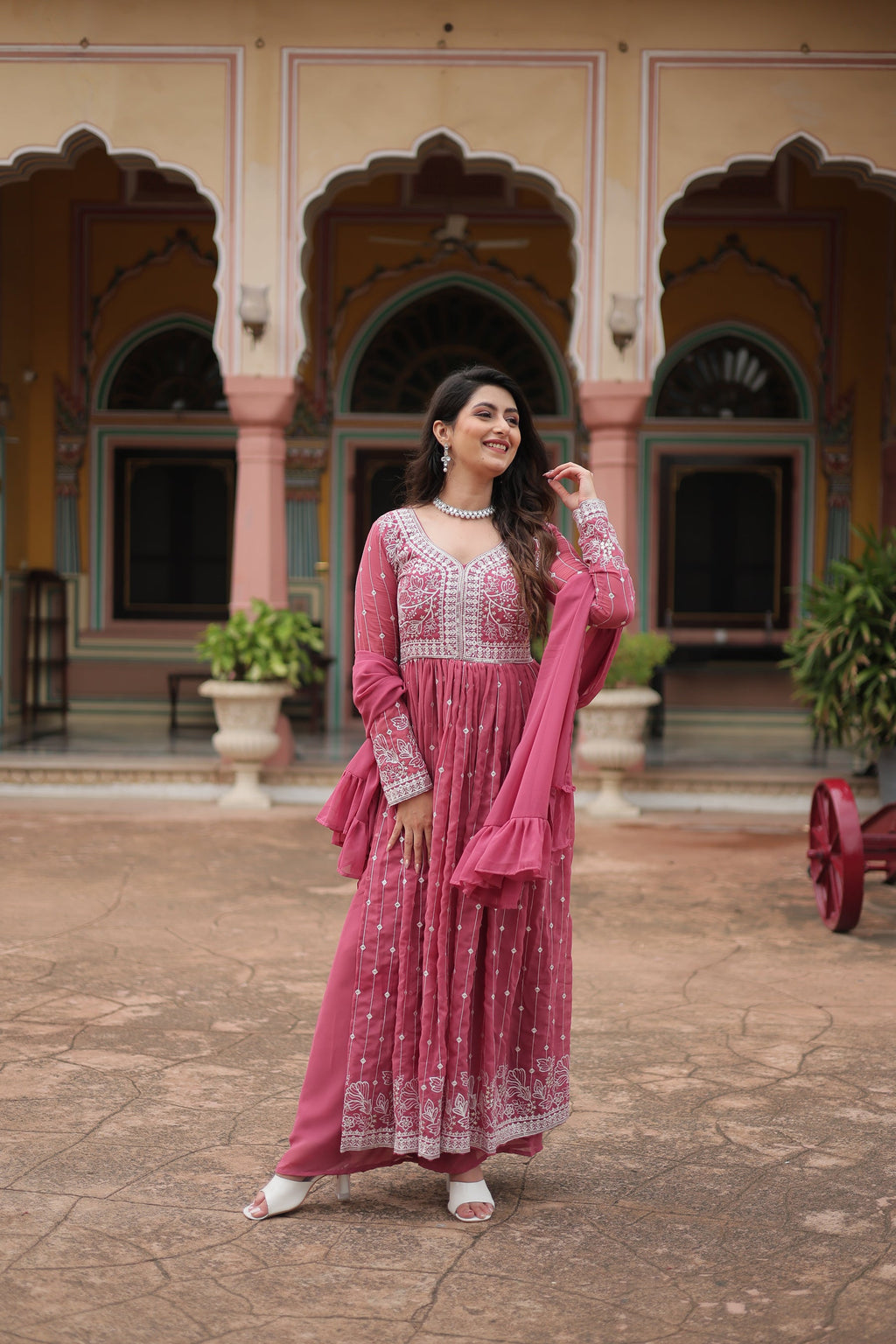 Peach Faux Georgette Kurta Palazzo Set with Sequins Embroidery