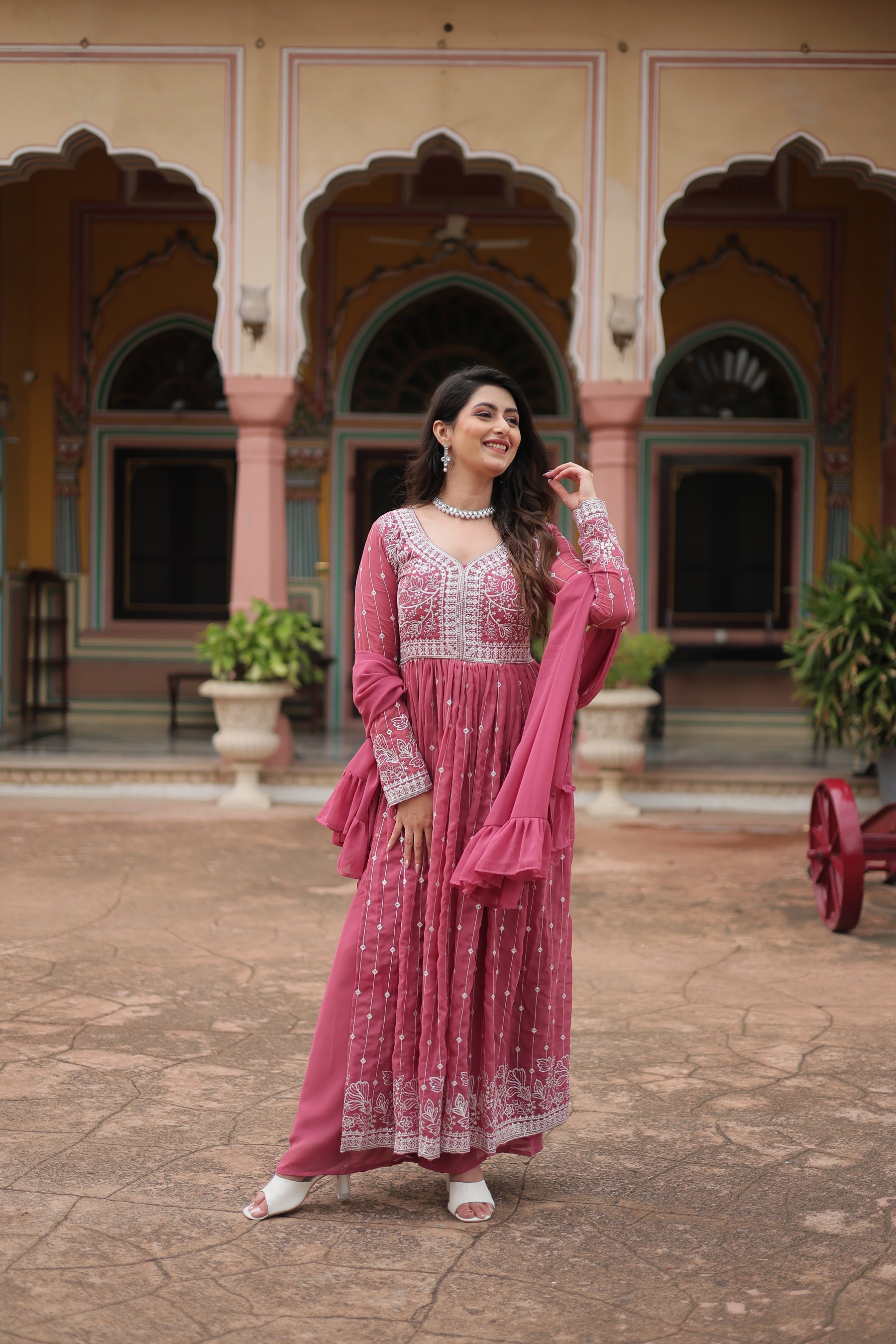 Peach Faux Georgette Kurta Palazzo Set with Sequins Embroidery
