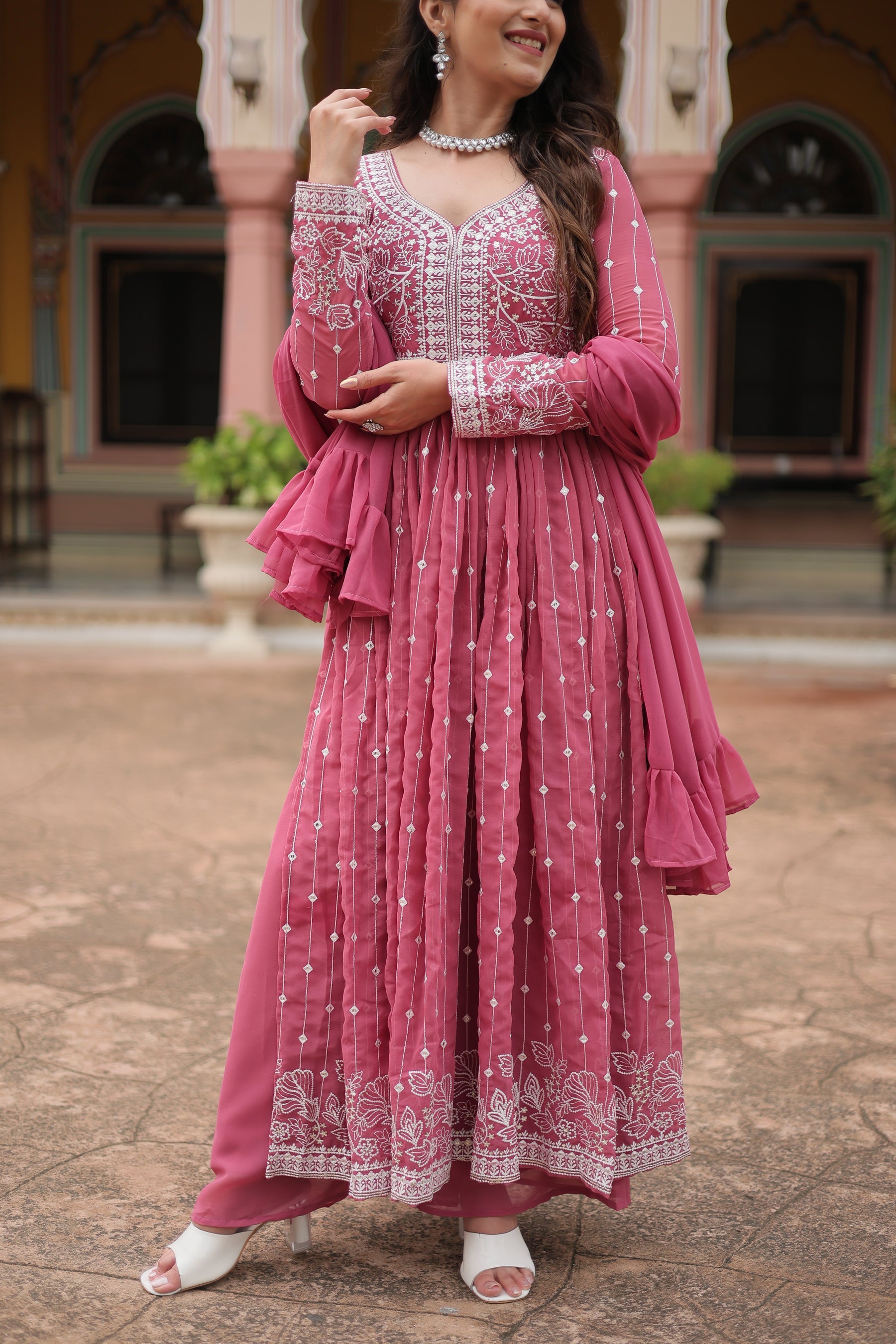 Peach Faux Georgette Kurta Palazzo Set with Sequins Embroidery