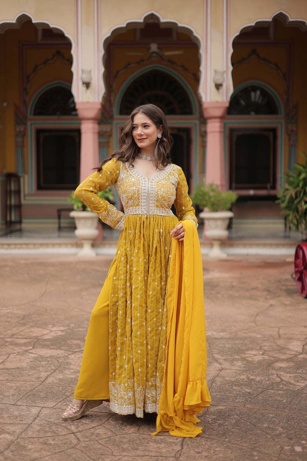 Yellow Faux Georgette Kurta Palazzo Set with Sequins Embroidery