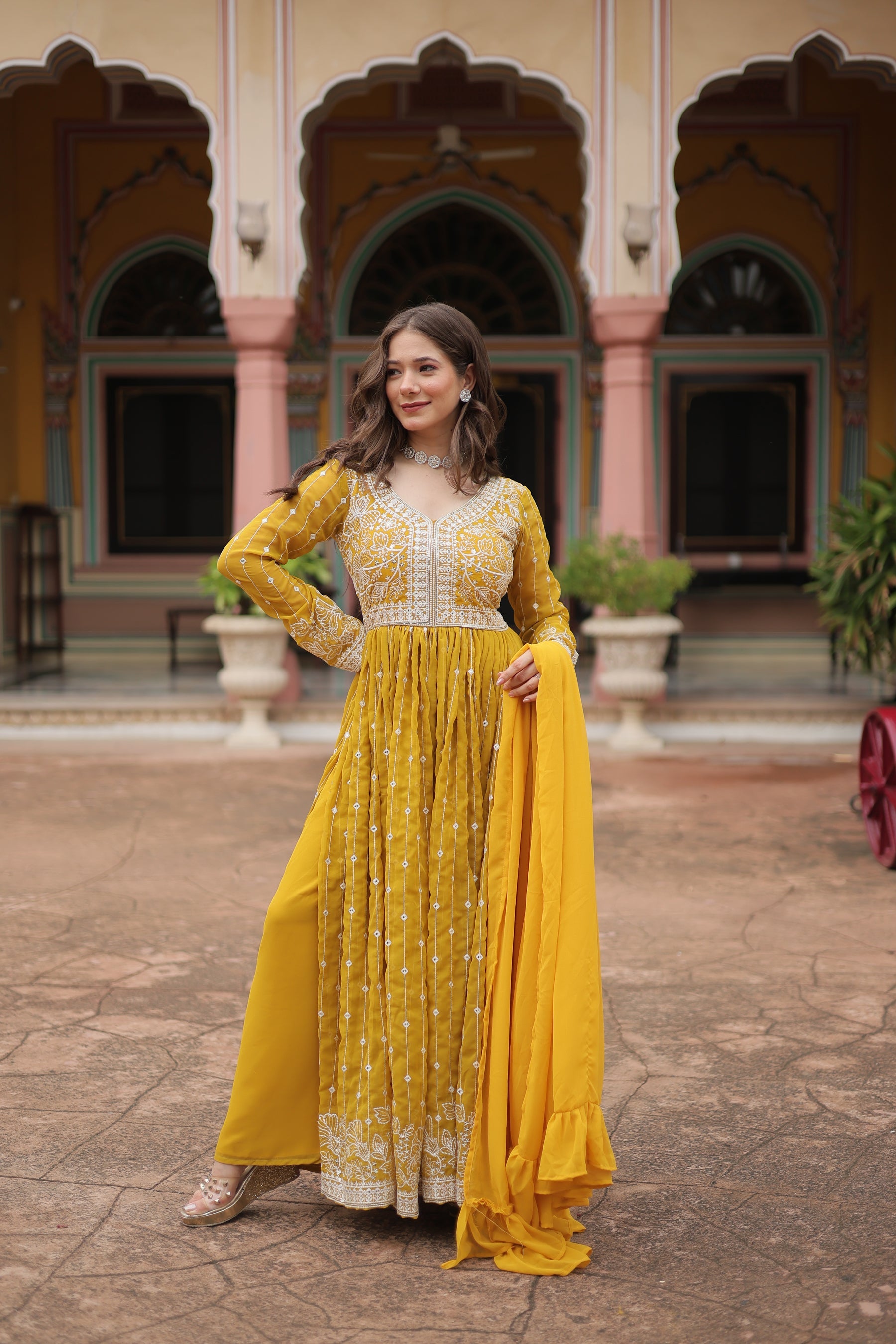 Yellow Faux Georgette Kurta Palazzo Set with Sequins Embroidery