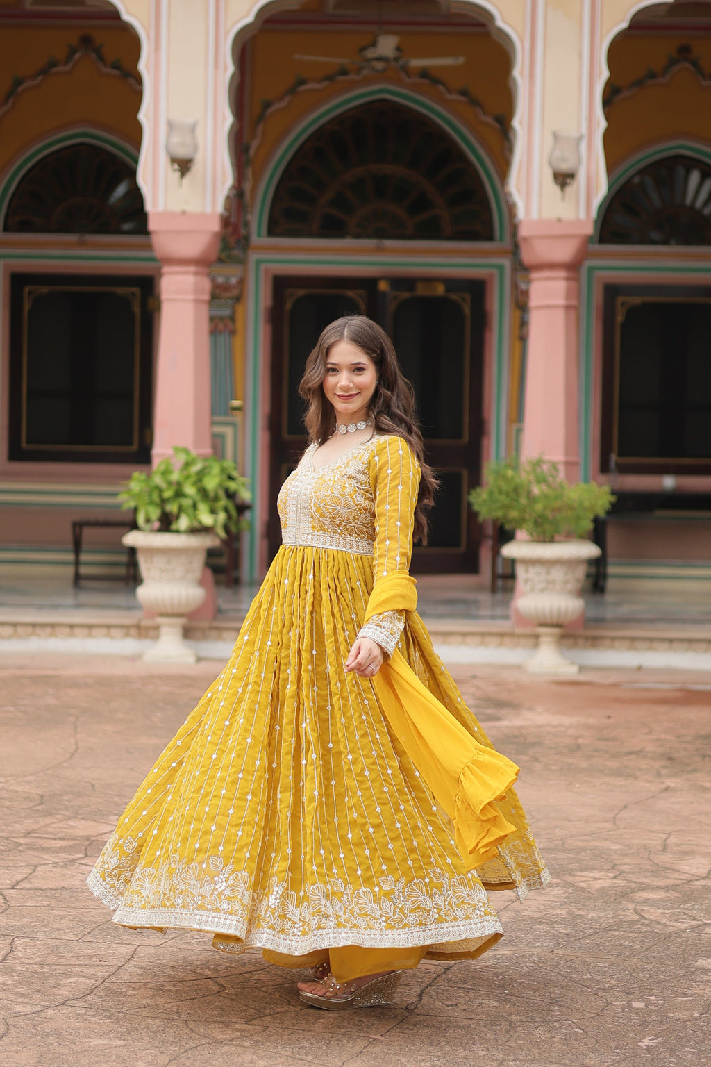 Yellow Faux Georgette Kurta Palazzo Set with Sequins Embroidery