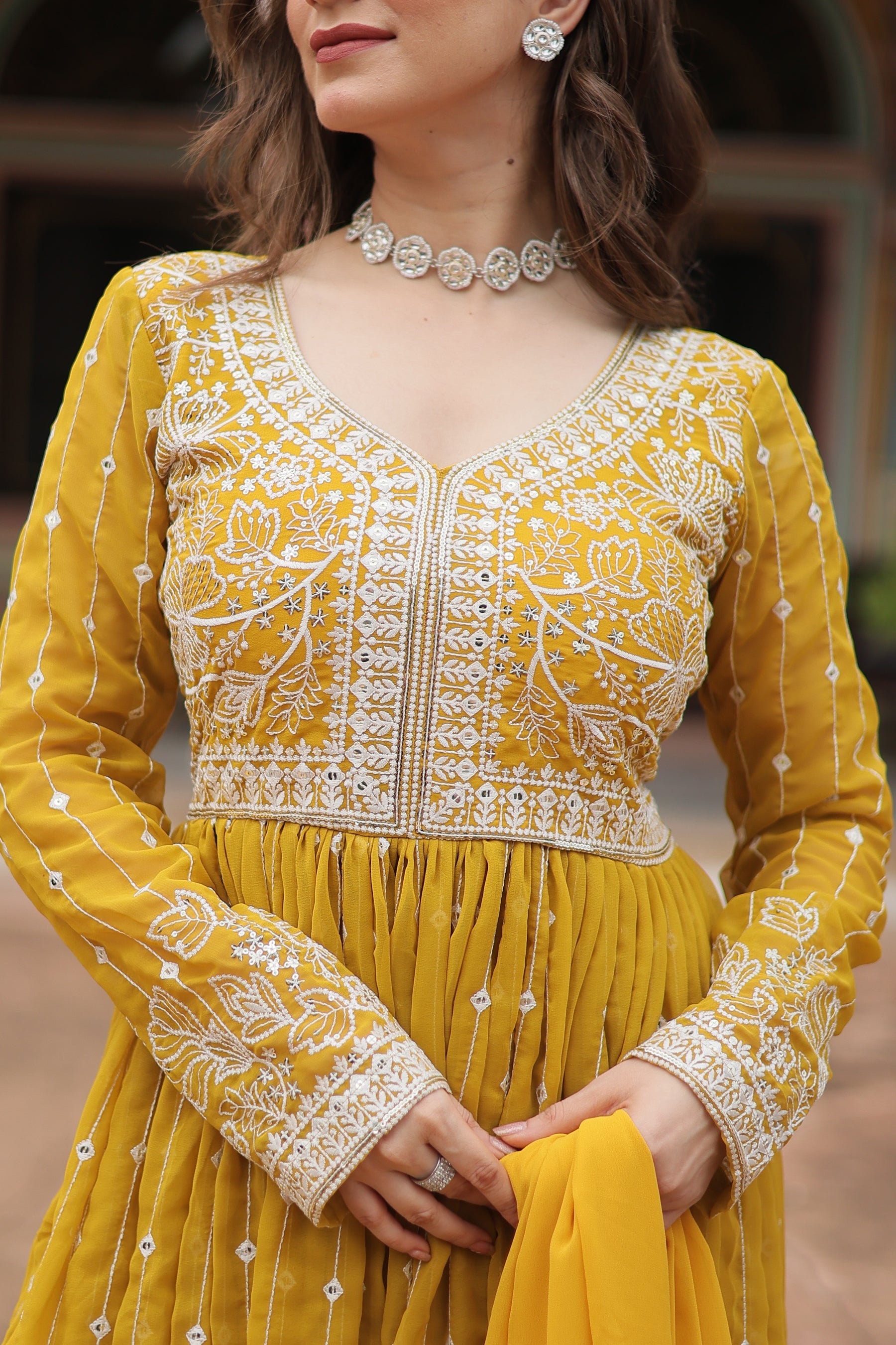 Yellow Faux Georgette Kurta Palazzo Set with Sequins Embroidery