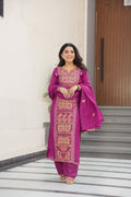 Magenta Chinon Silk kurta paired with pants and an embroidered dupatta, featuring Zari and thread work.