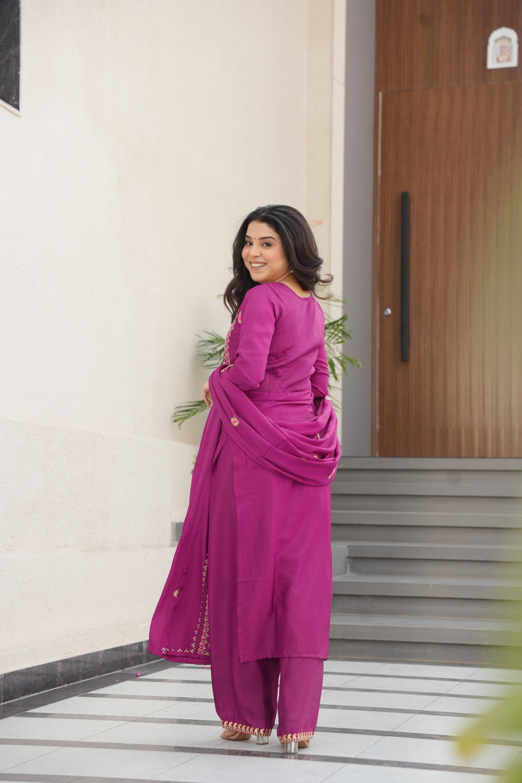 Magenta Chinon Silk Embroidered Kurta Pant Set with Dupatta