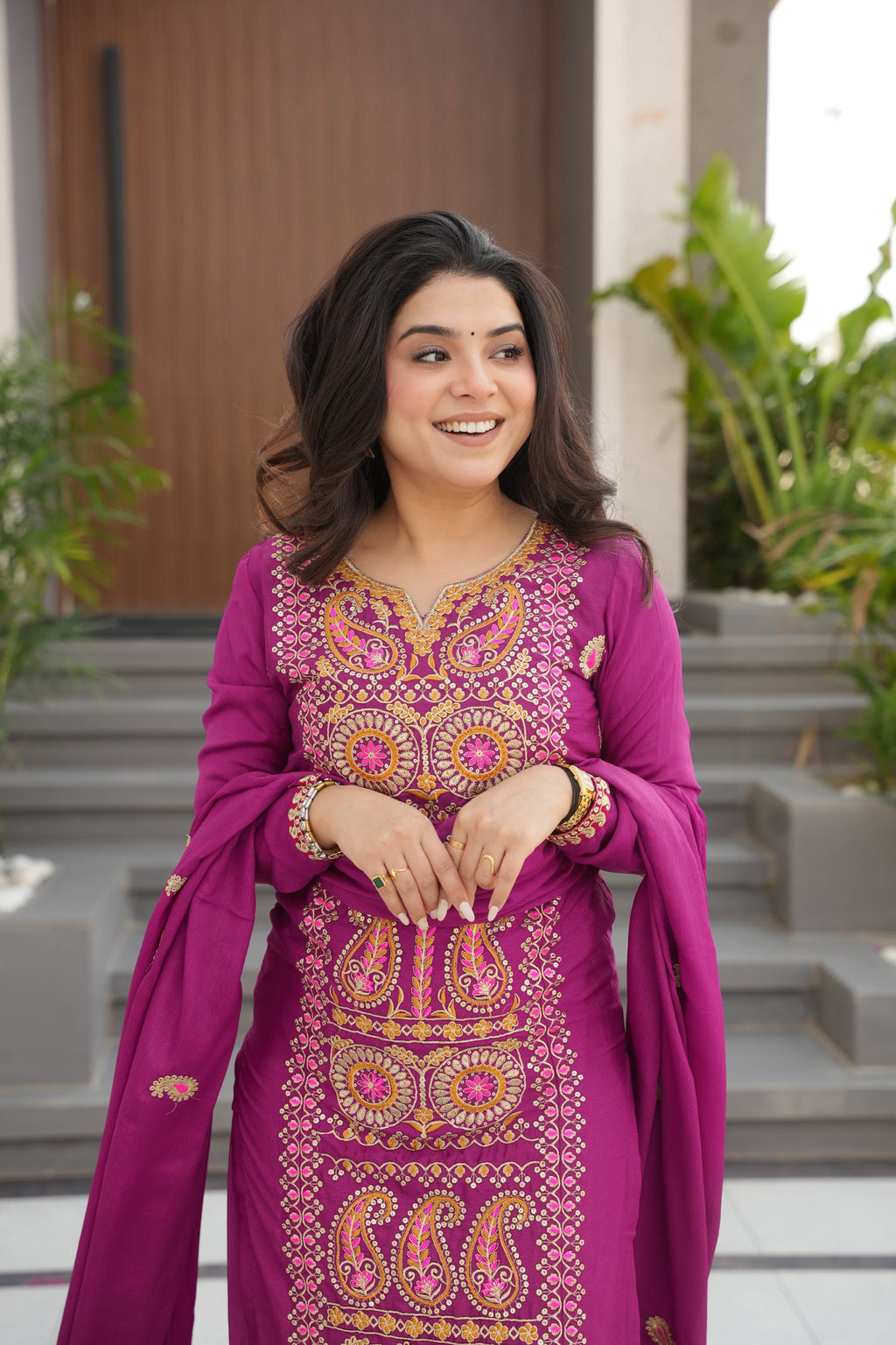 Magenta Chinon Silk Embroidered Kurta Pant Set with Dupatta