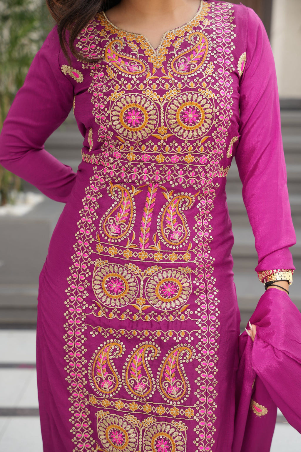 Magenta Chinon Silk Embroidered Kurta Pant Set with Dupatta