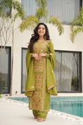 Parrot Green Chinon Silk kurta set with intricate Zari and thread embroidery work