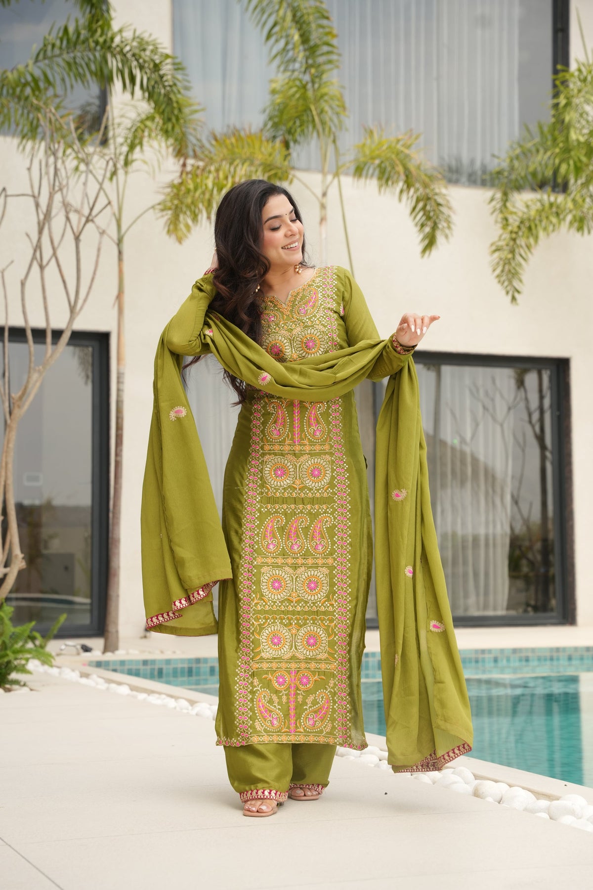 Parrot Green Chinon Silk Kurta Set with Zari and Thread Embroidery