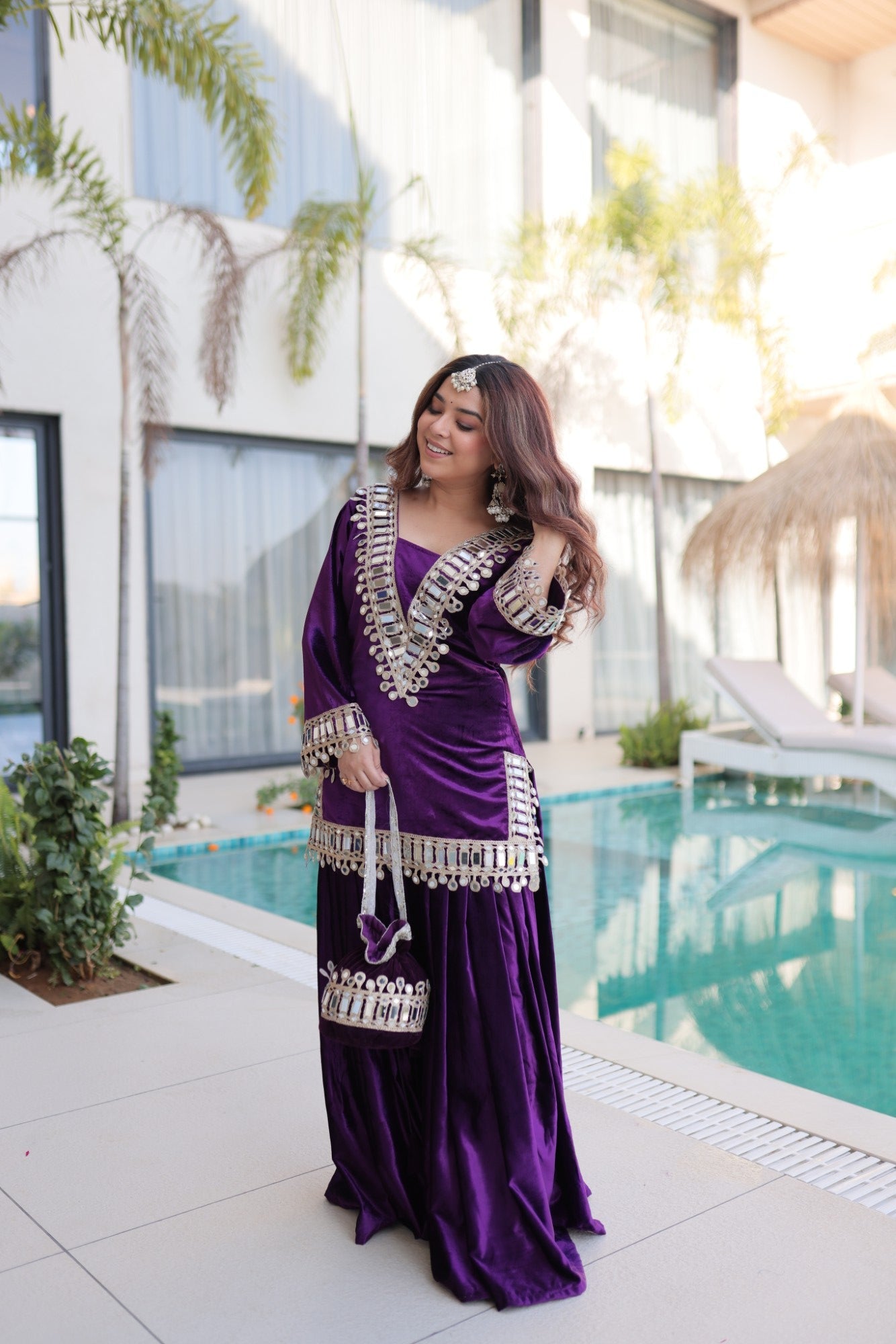 Purple Velvet Kurta Palazzo Set with Zari Embroidery and Mirror