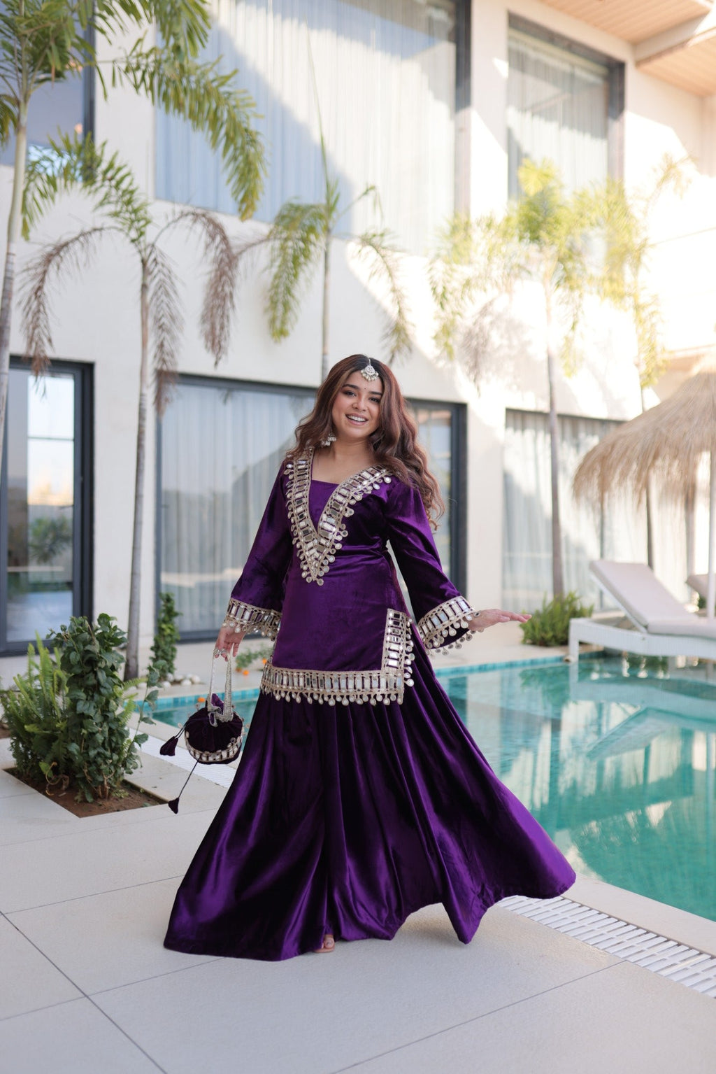 Purple Velvet Kurta Palazzo Set with Zari Embroidery and Mirror