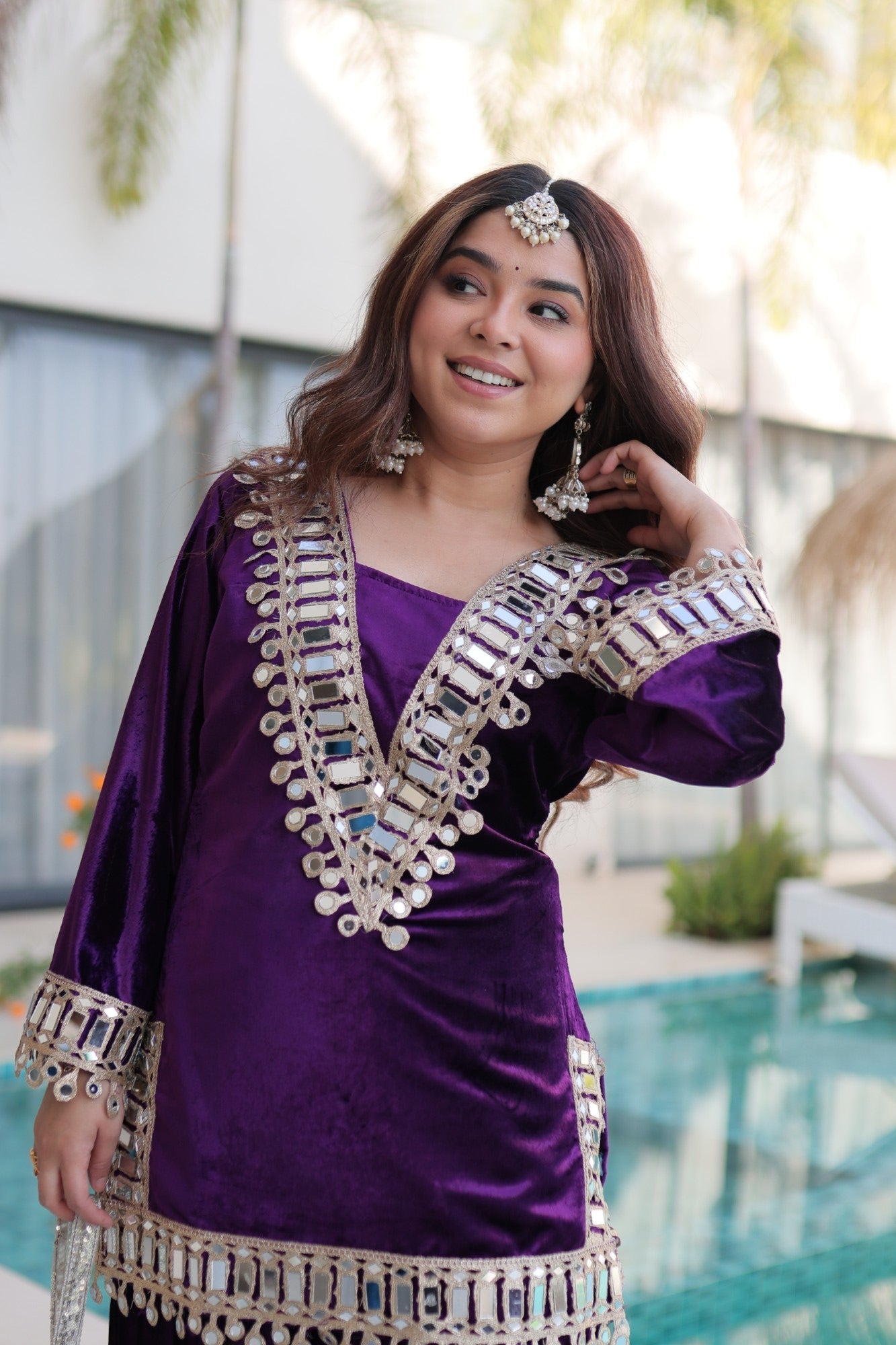 Purple Velvet Kurta Palazzo Set with Zari Embroidery and Mirror
