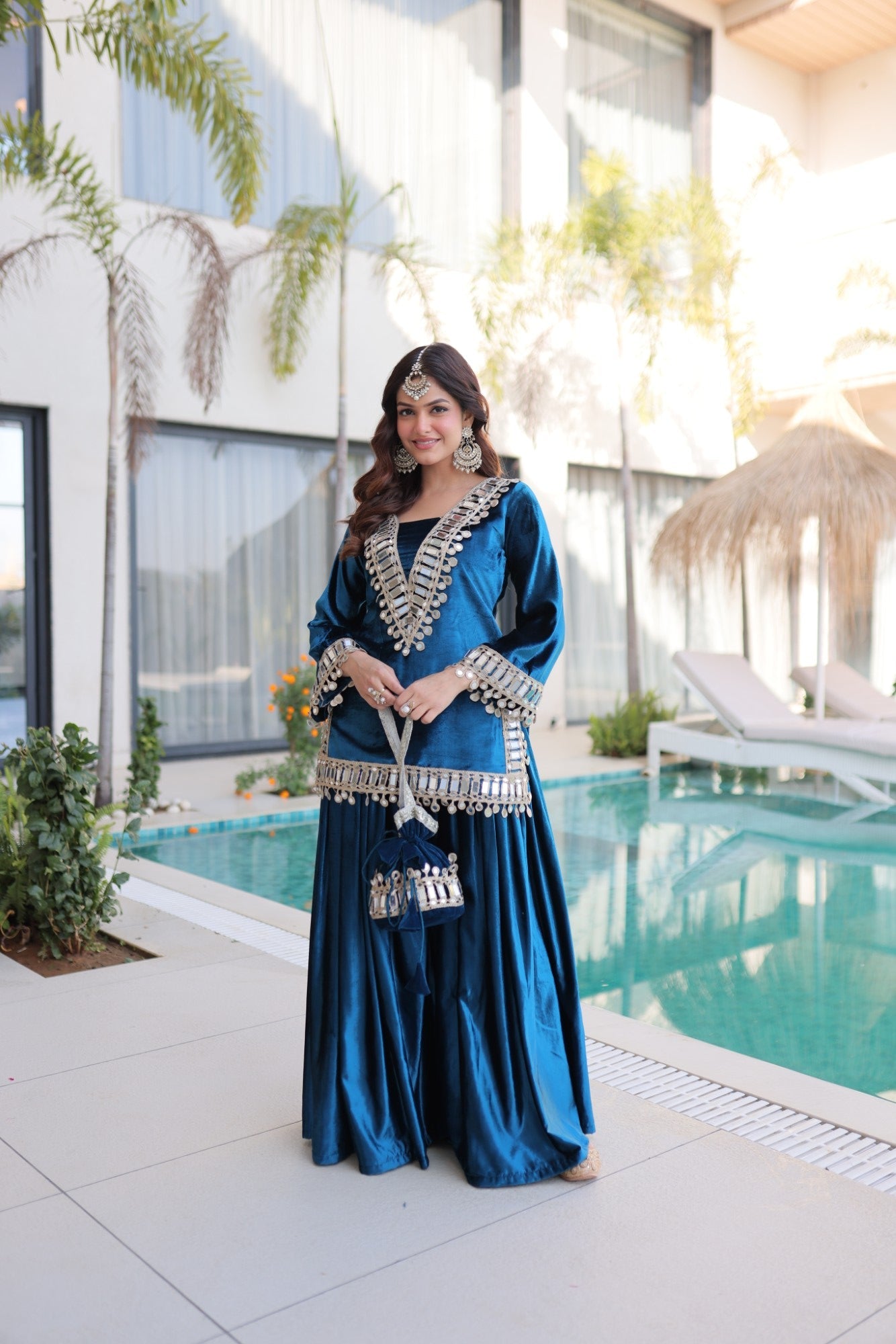 Rama Velvet Kurta Palazzo Set with Zari Embroidery & Mirror Work
