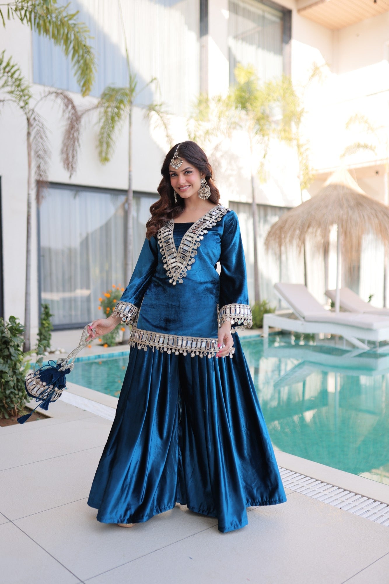 Rama Velvet Kurta Palazzo Set with Zari Embroidery & Mirror Work