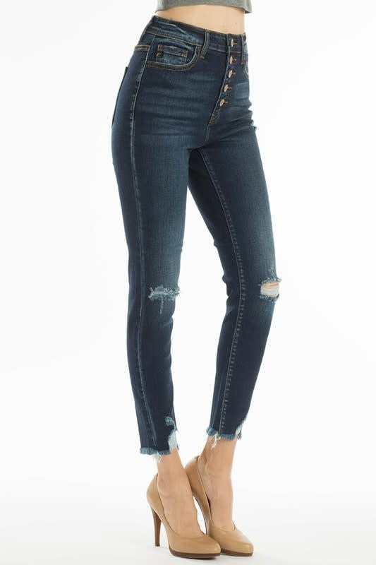 High Rise 5 Button Distressed Knee Ankle Jeans in Dark Blue