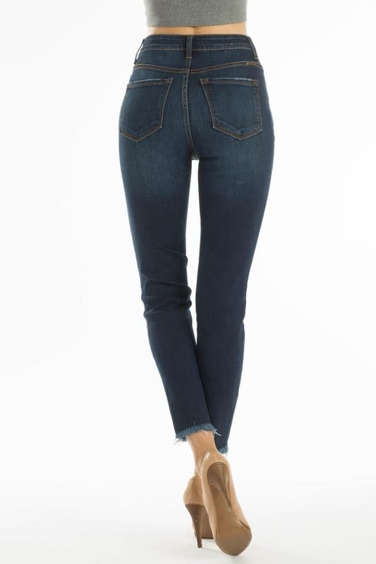 High Rise 5 Button Distressed Knee Ankle Jeans in Dark Blue