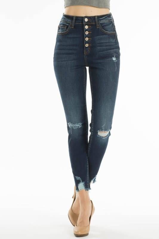 High Rise 5 Button Distressed Knee Ankle Jeans in Dark Blue