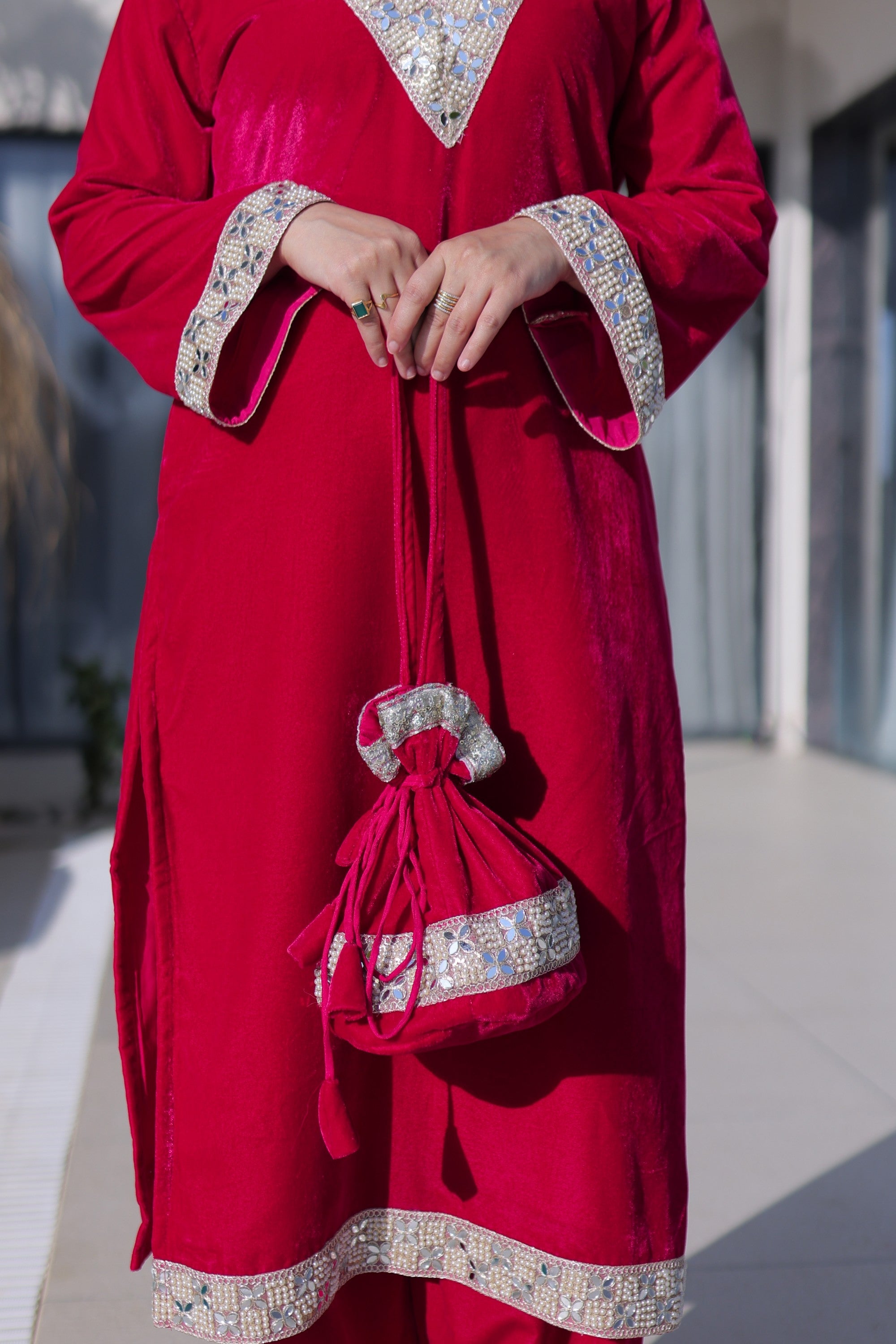 Pink 9000 Velvet Zari Embroidered Kurta Pant Set with Real Mirror