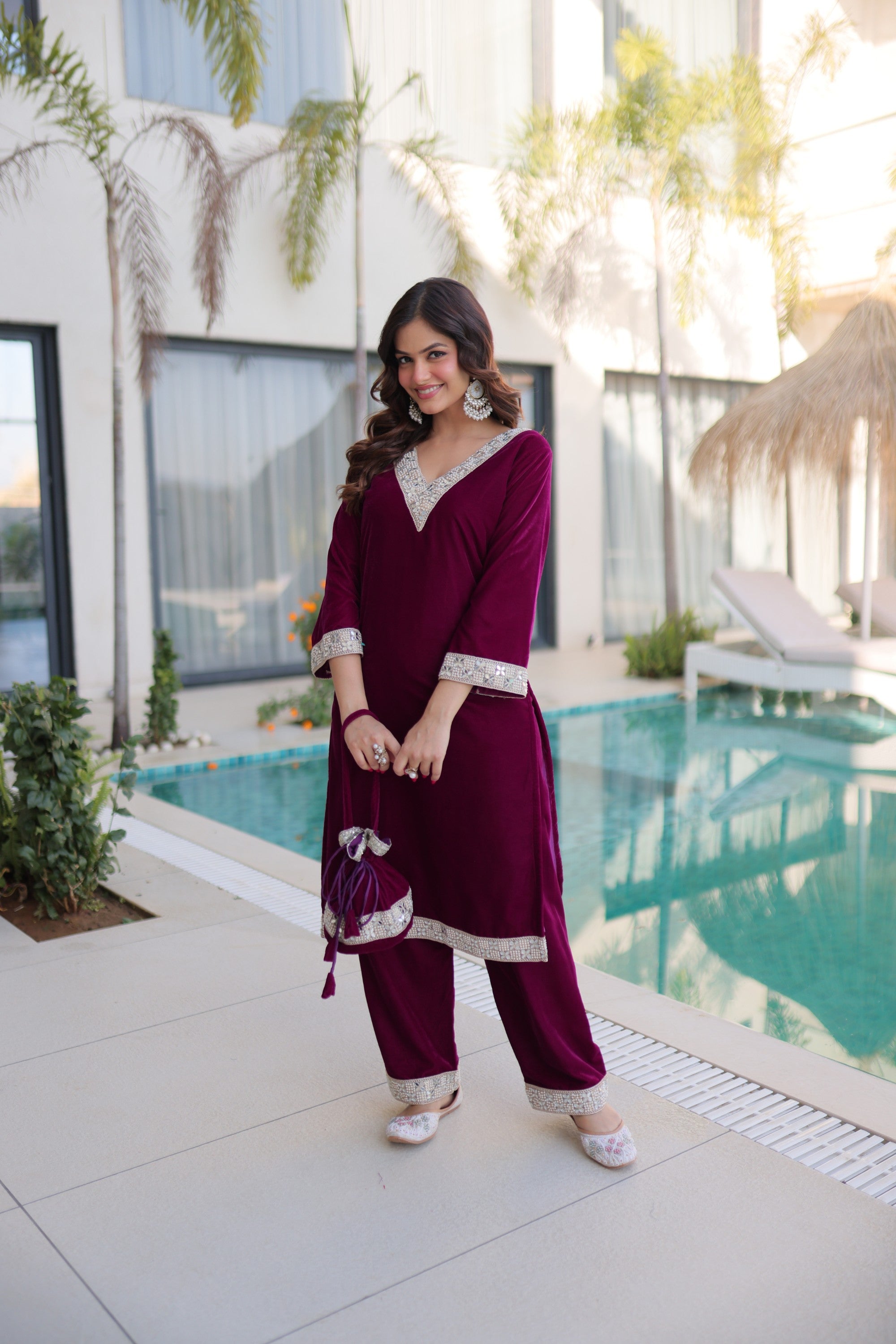 Wine Velvet Kurta Pant Set with Zari Embroidery and Real Mirror Work