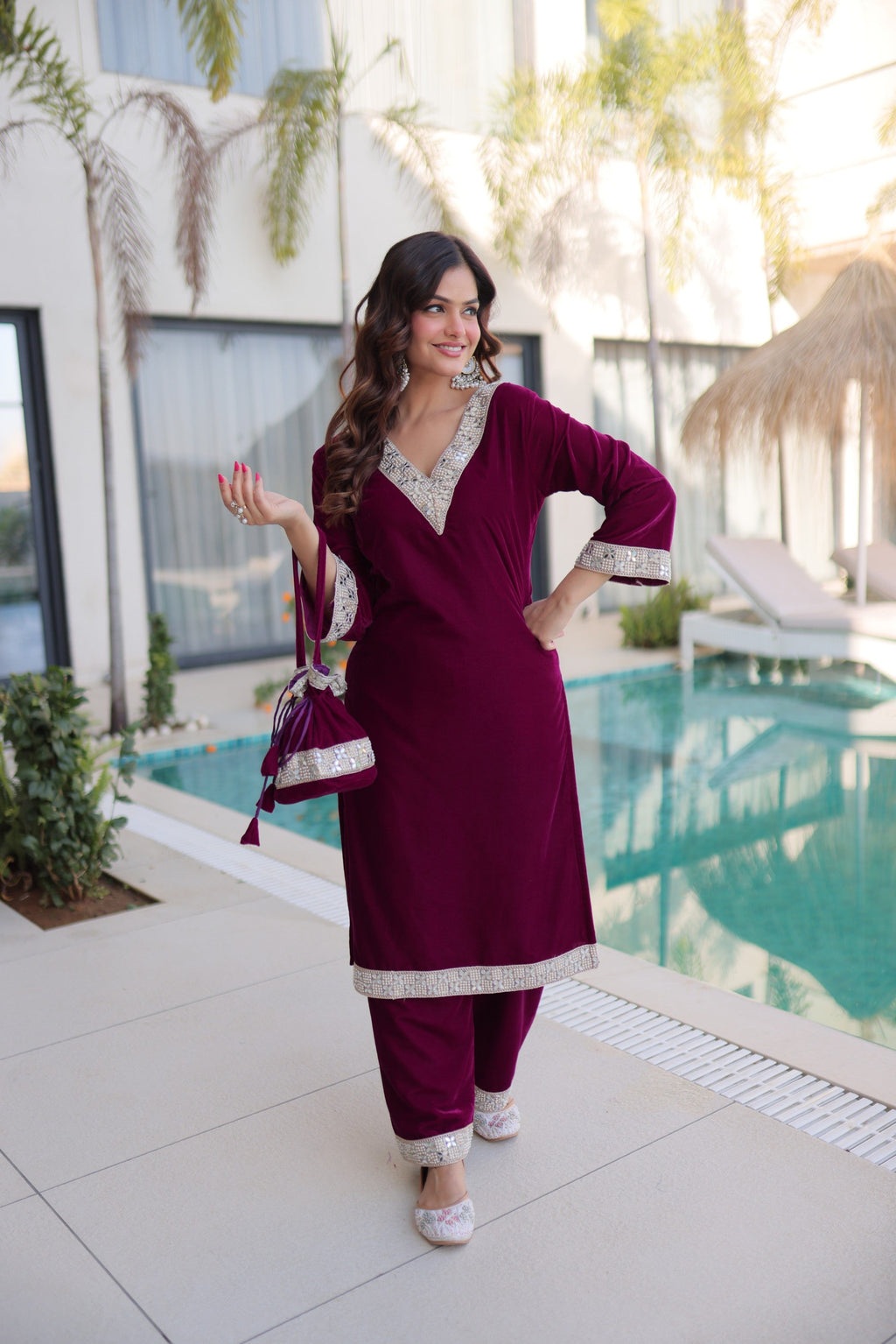 Wine Velvet Kurta Pant Set with Zari Embroidery and Real Mirror Work