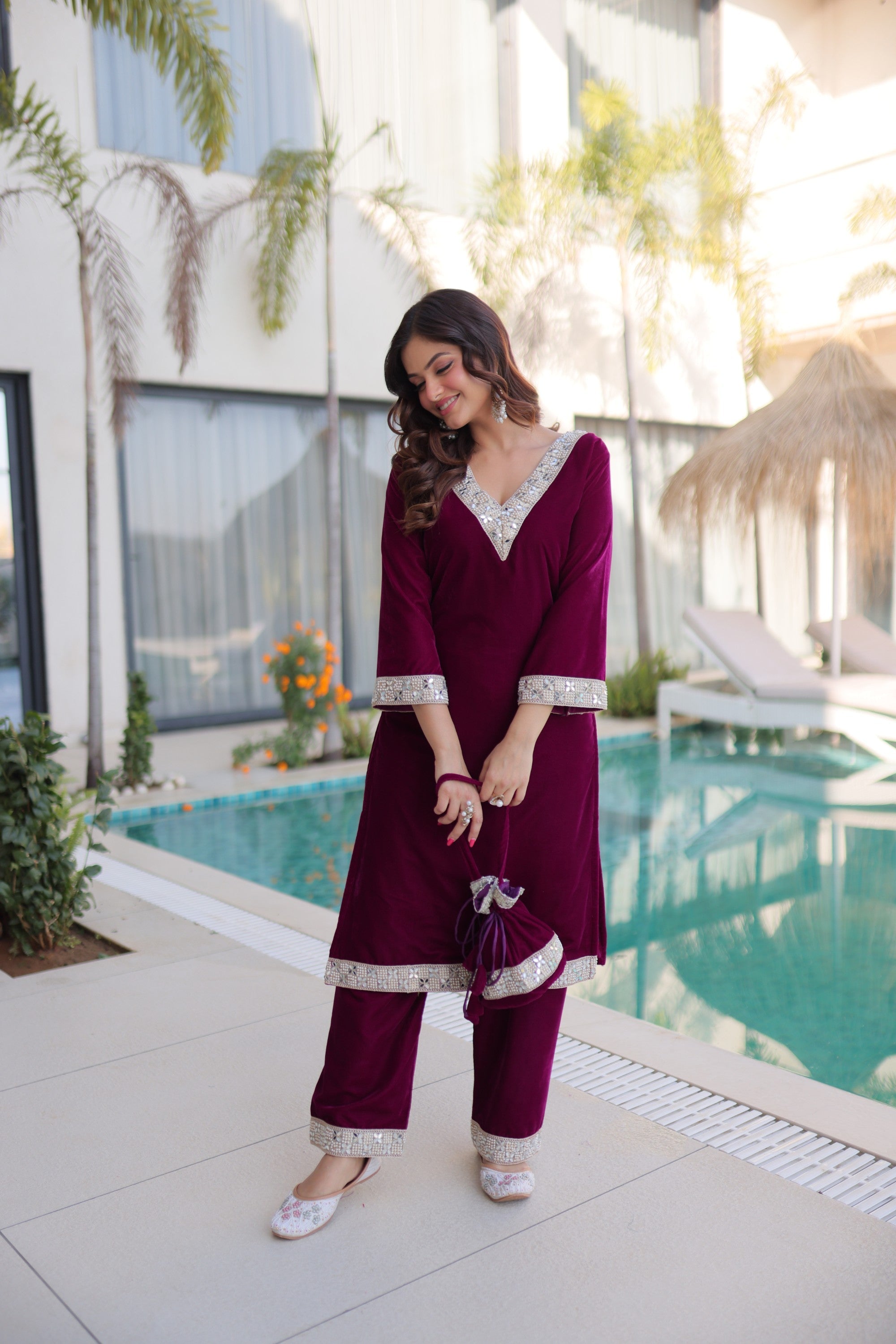 Wine Velvet Kurta Pant Set with Zari Embroidery and Real Mirror Work