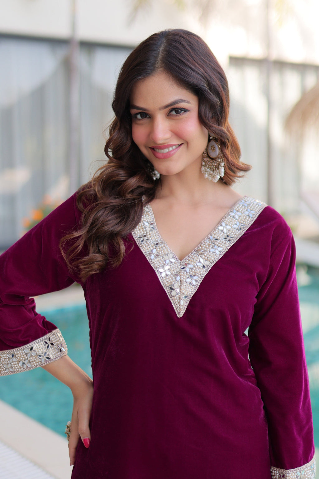Wine Velvet Kurta Pant Set with Zari Embroidery and Real Mirror Work