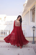 Maroon Faux Blooming gown with detailed sequin, zari, and pipe embroidery work