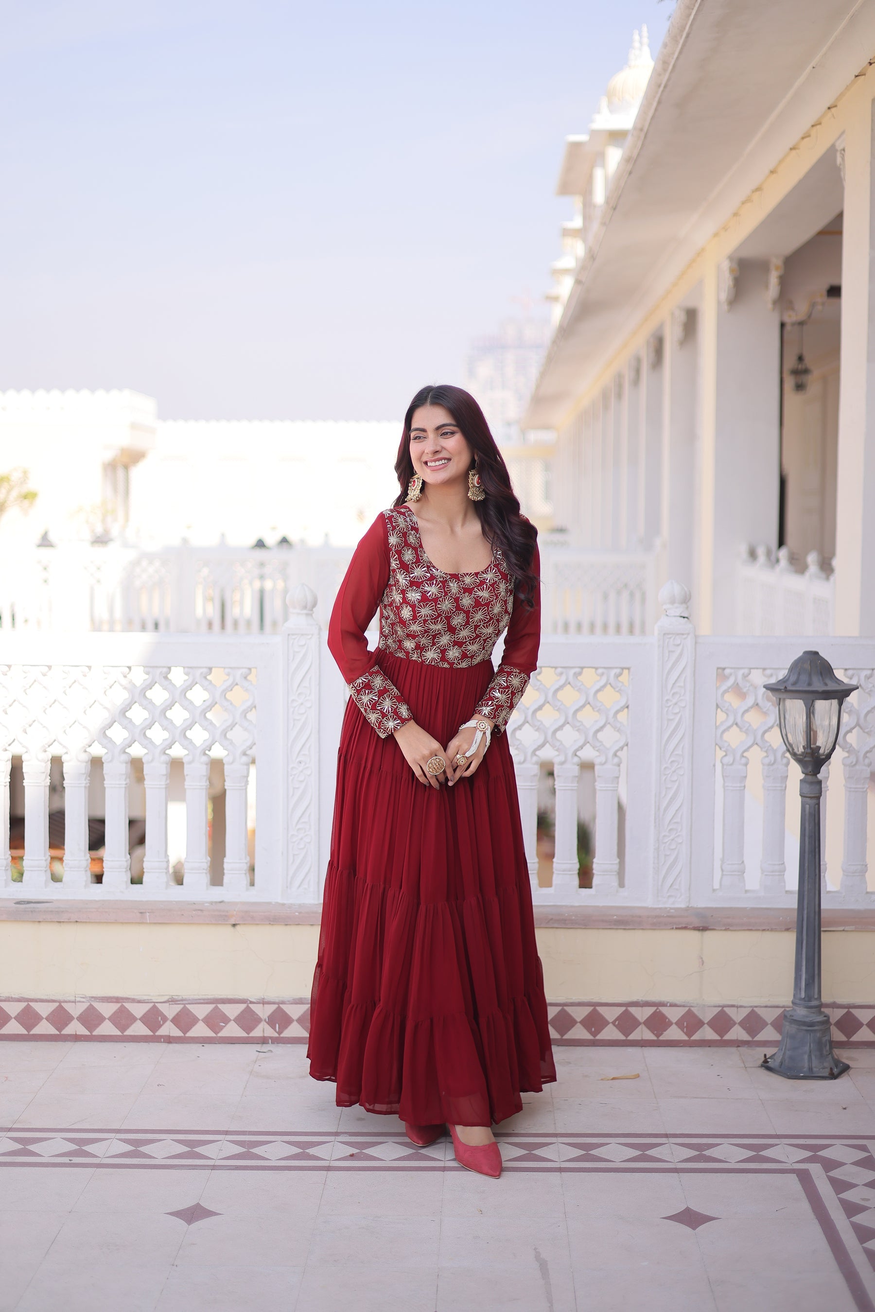 Maroon Faux Blooming Sequins Zari Embroidered Gown