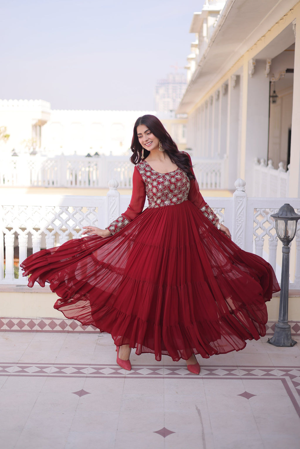 Maroon Faux Blooming Sequins Zari Embroidered Gown