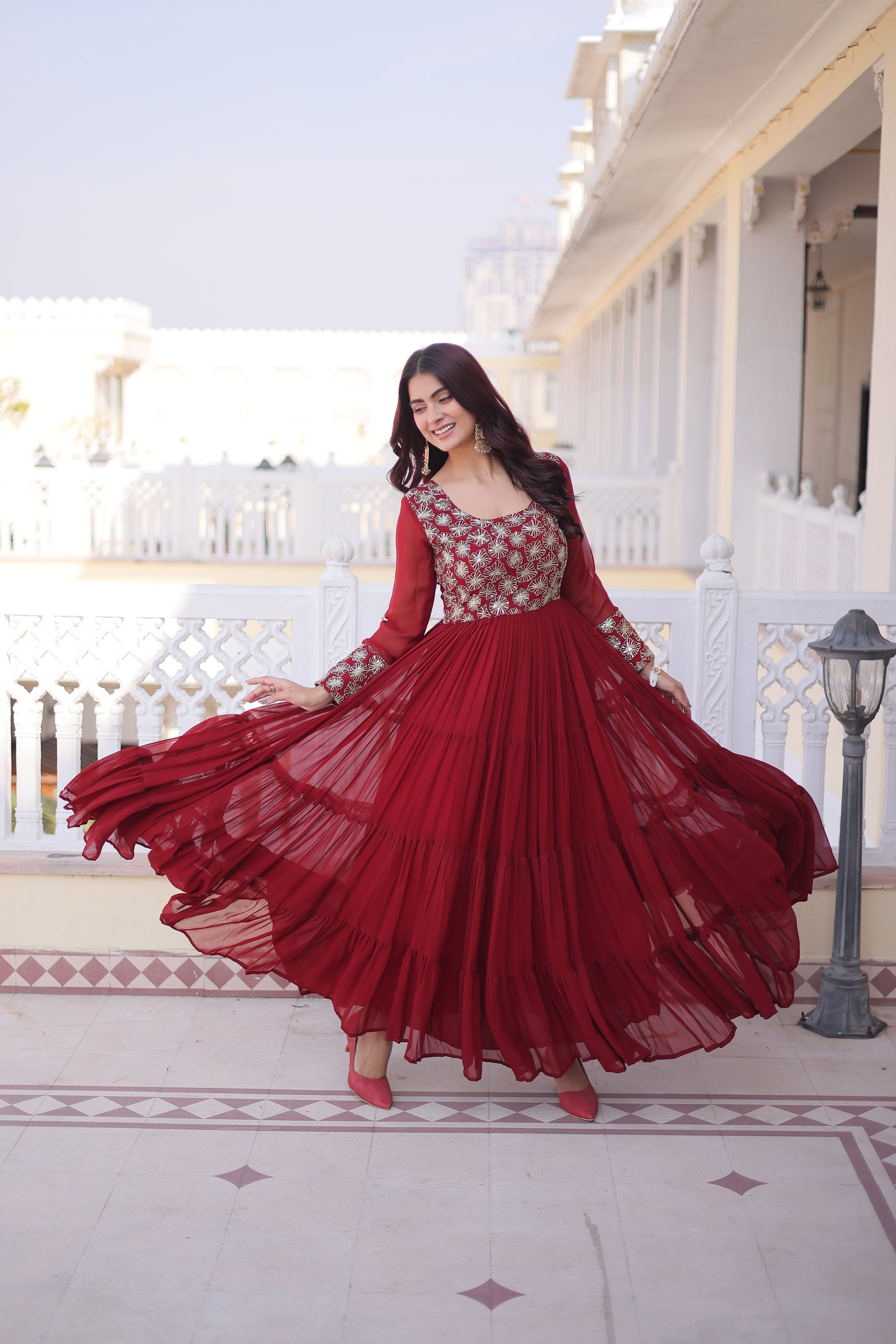 Maroon Faux Blooming Sequins Zari Embroidered Gown