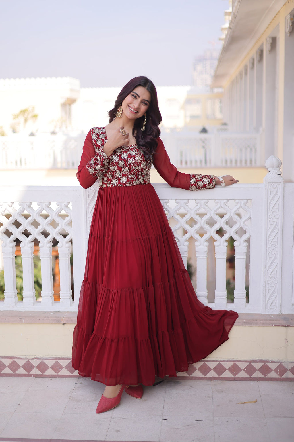 Maroon Faux Blooming Sequins Zari Embroidered Gown