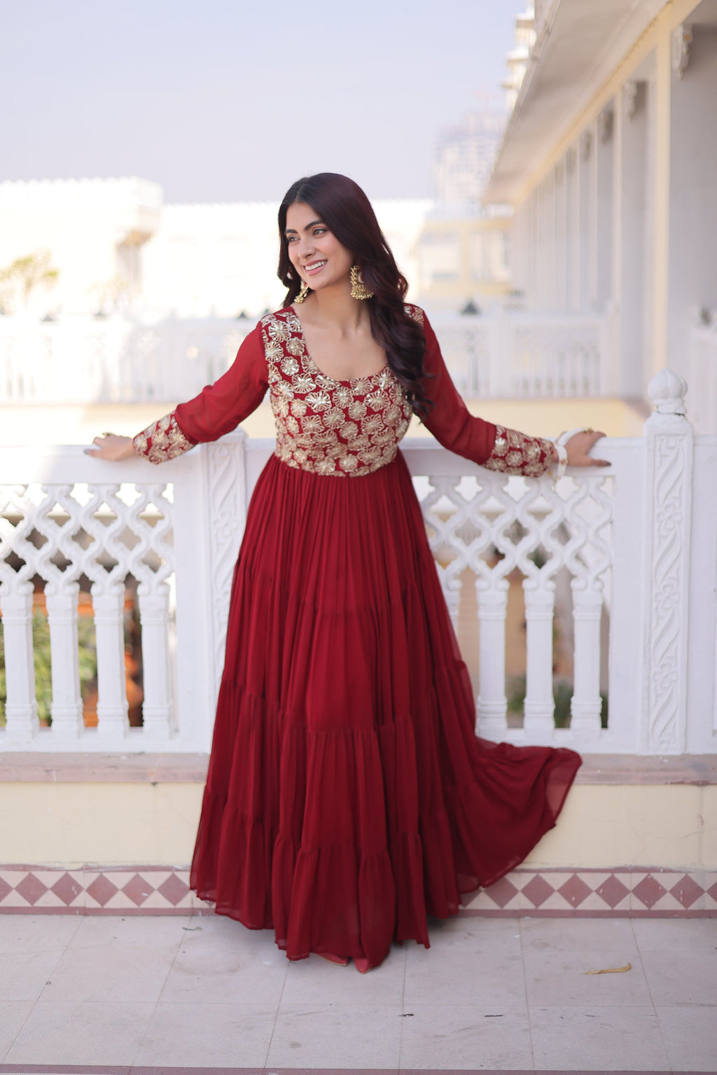Maroon Faux Blooming Sequins Zari Embroidered Gown