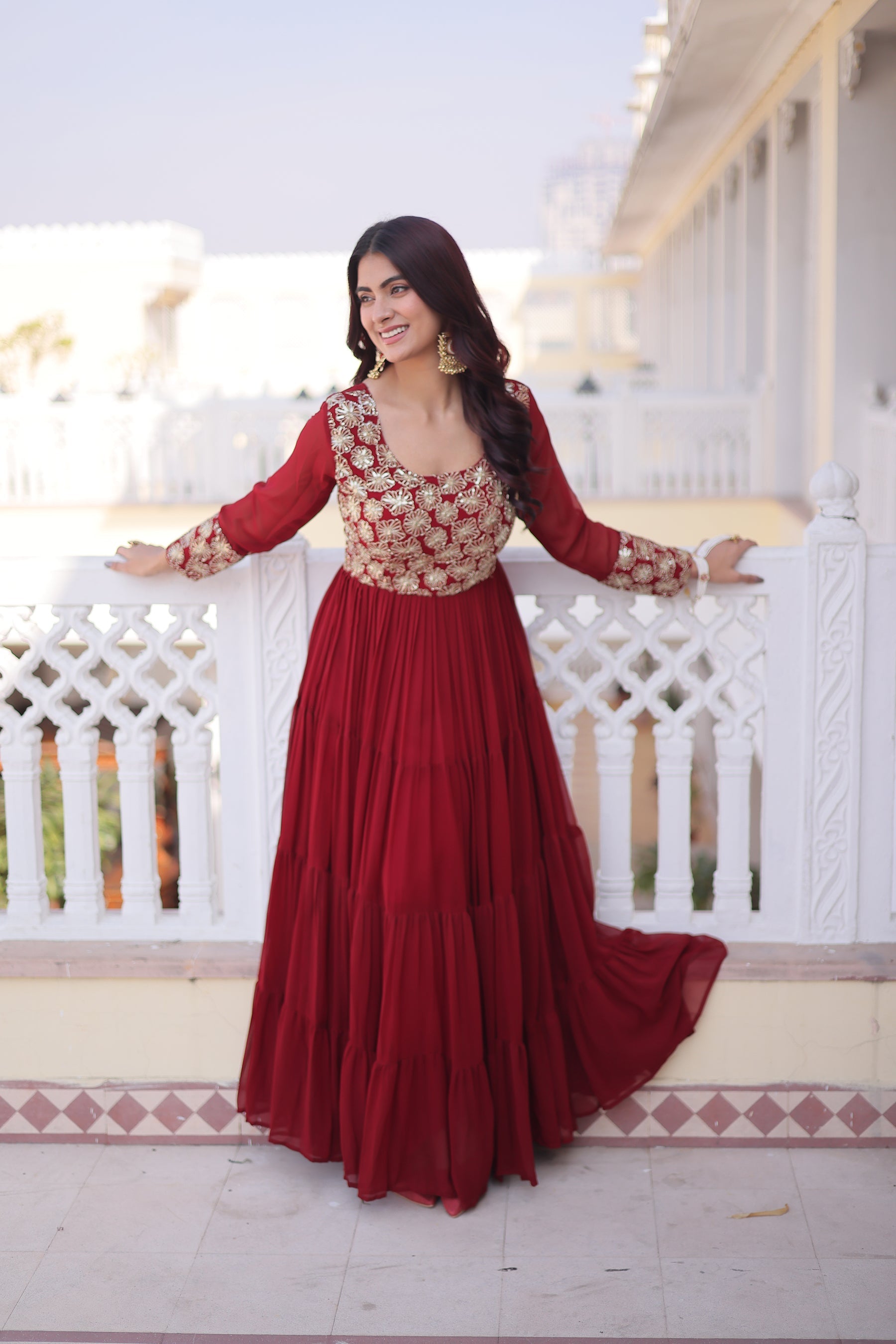 Maroon Faux Blooming Sequins Zari Embroidered Gown